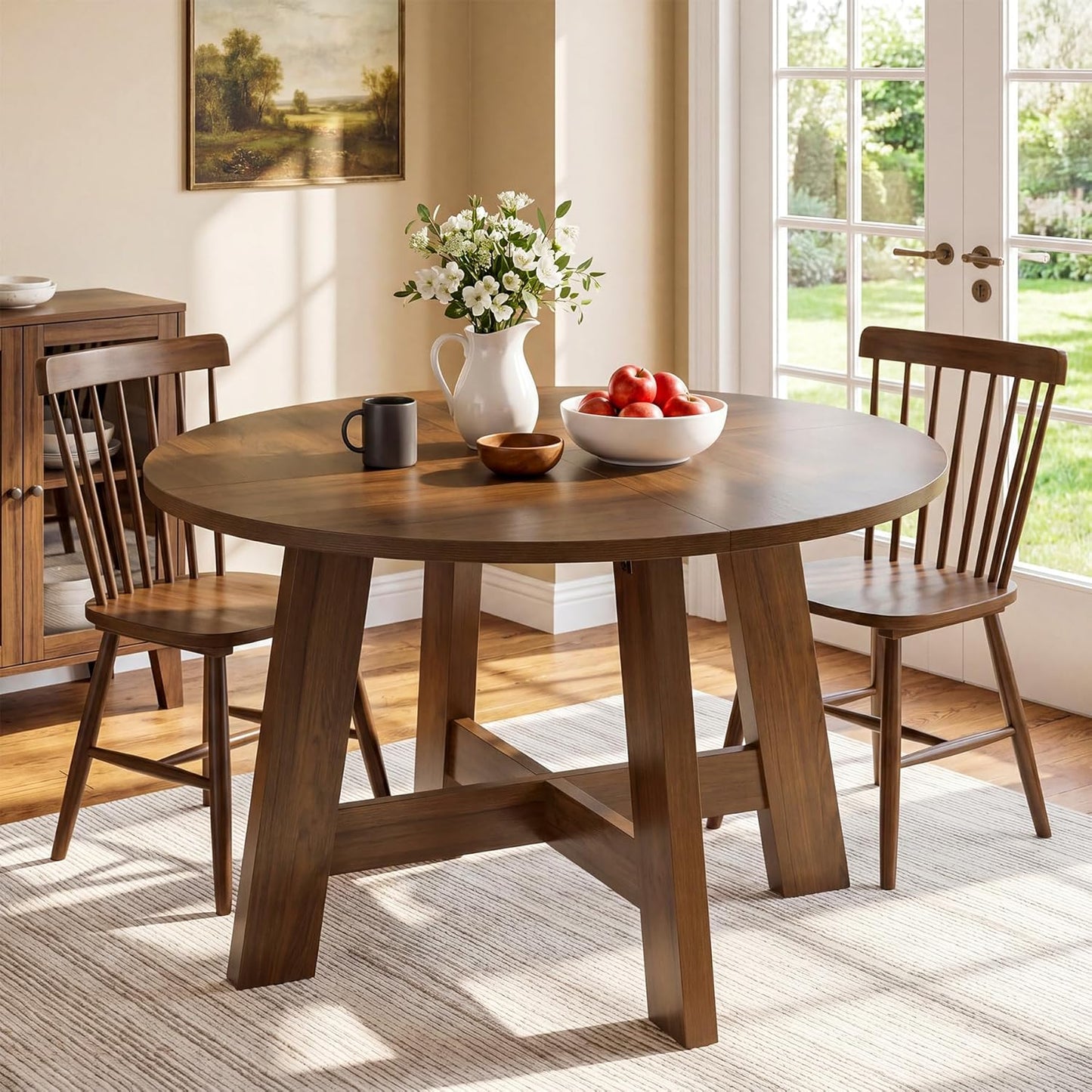 Tribesigns Round Dining Table for for 4-6 People, 47-Inch Circle Kitchen Table with Reinforced Cross Brace, Farmhouse Dining Room Furniture for Living Room, Apartment, Restaurant, Walnut Brown