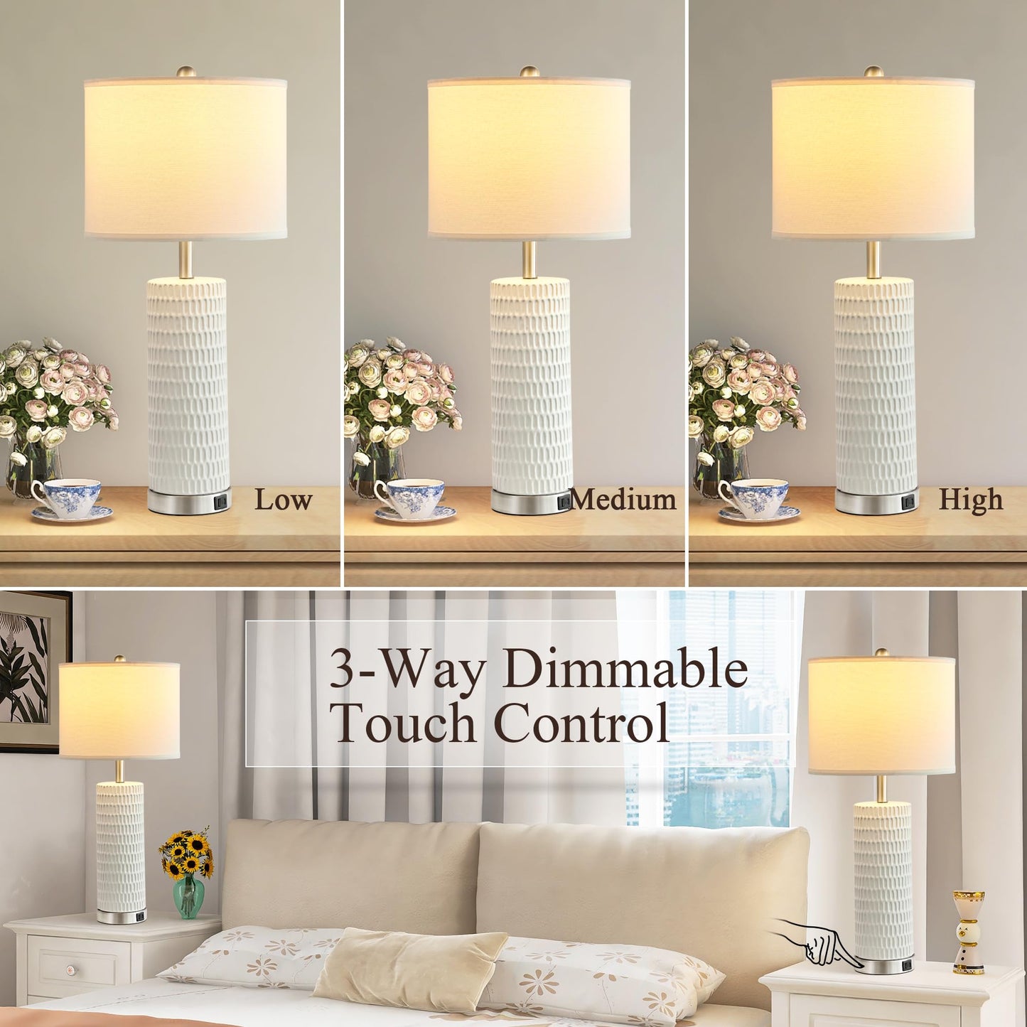 White Ceramic Table Lamps Set of 2, 28" Lamps for Living Room with USB C+A Ports, Touch Lamps for Nightstand, 2 Bulbs Included