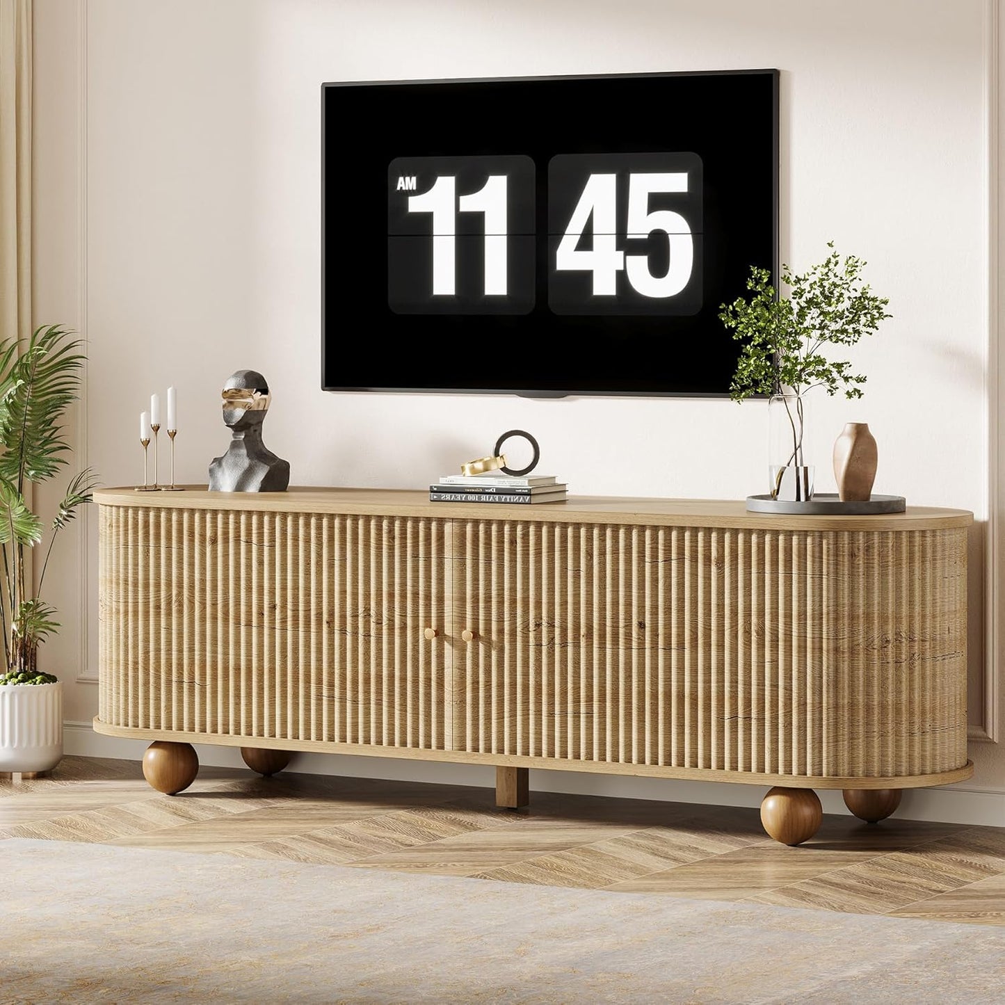 Tribesigns Farmhouse Fluted TV Stand, 70" Extra Long Media Console for TVs up to 65+ Inches, Wooden Entertainment Center with Storage Shelves and Sliding Doors for Living Room, Bedroom, Walnut
