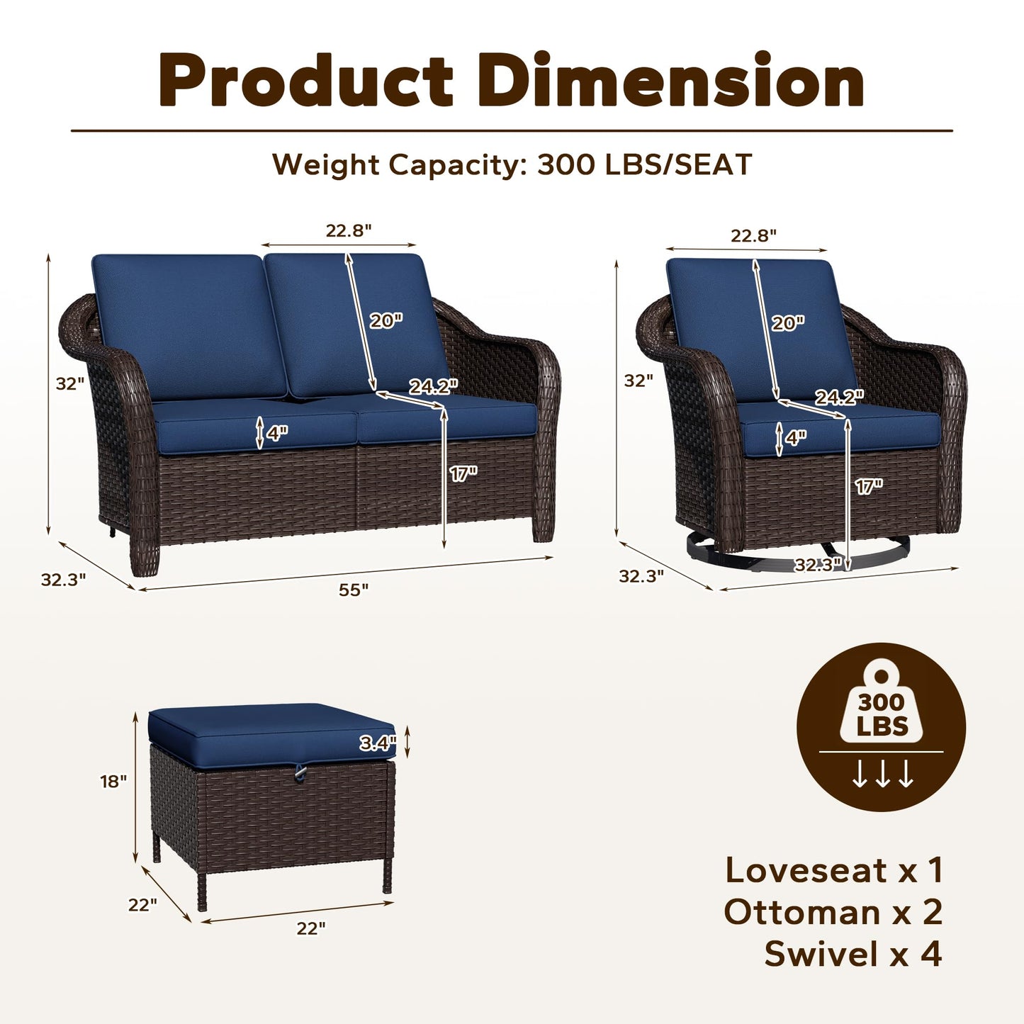 55 inch Outdoor Wicker 2 Seater Sofa, All-Weather Use Patio Rattan Loveseat with Seat and Back Cushion, Ideal for Porch, Backyard, Balcony, Poolside, Blue