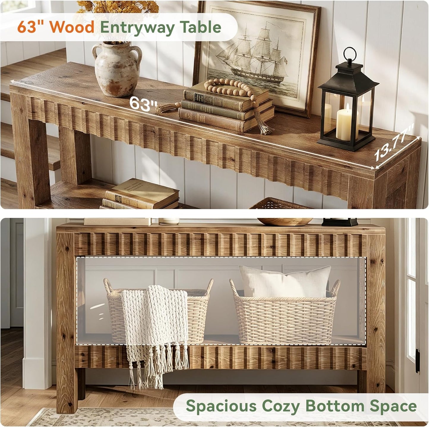Solid Wood Console Table, 63" Farmhouse Wooden Entryway Table with Fluted Deign, 2-Tier Rectangular Narrow Sofa Table Behind Couch for Entryway, Hallway, Living Room, Rustic Brown