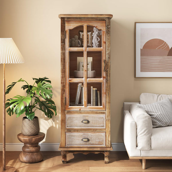LKTART 54" Tall Narrow Sideboard Buffet Storage Cabinet,Vintage Accent Cabinet with Glass Doors and Drawers,Tall Thin Kitchen Pantry Cabinet for Small Spaces,Natural Wood Finish