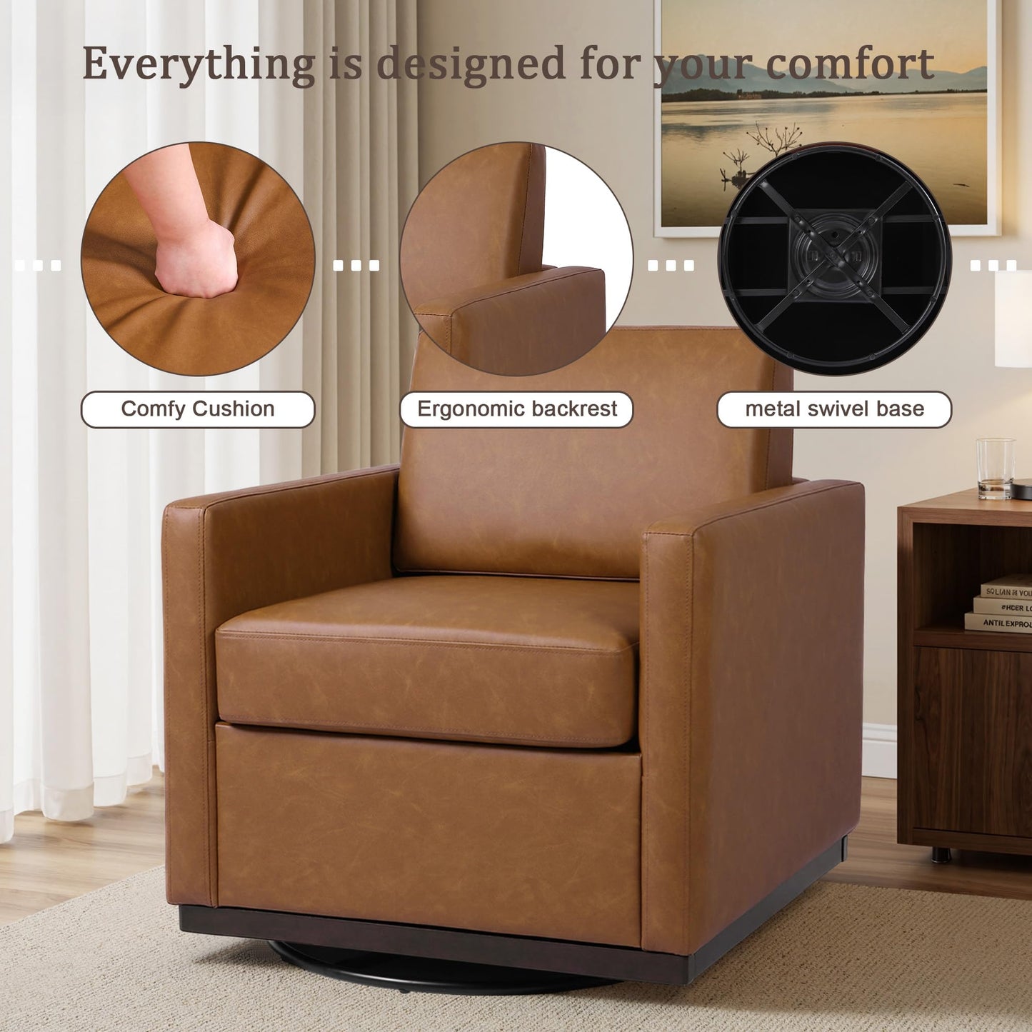 Faux Leather Swivel Accent Chairs Set of 2, 360° Swivel Upholstered Club Armchairs for Living Room, 31" Wide Square Single Sofa Reading Chair with Deep Seat, Metal Swivel Base, Navy