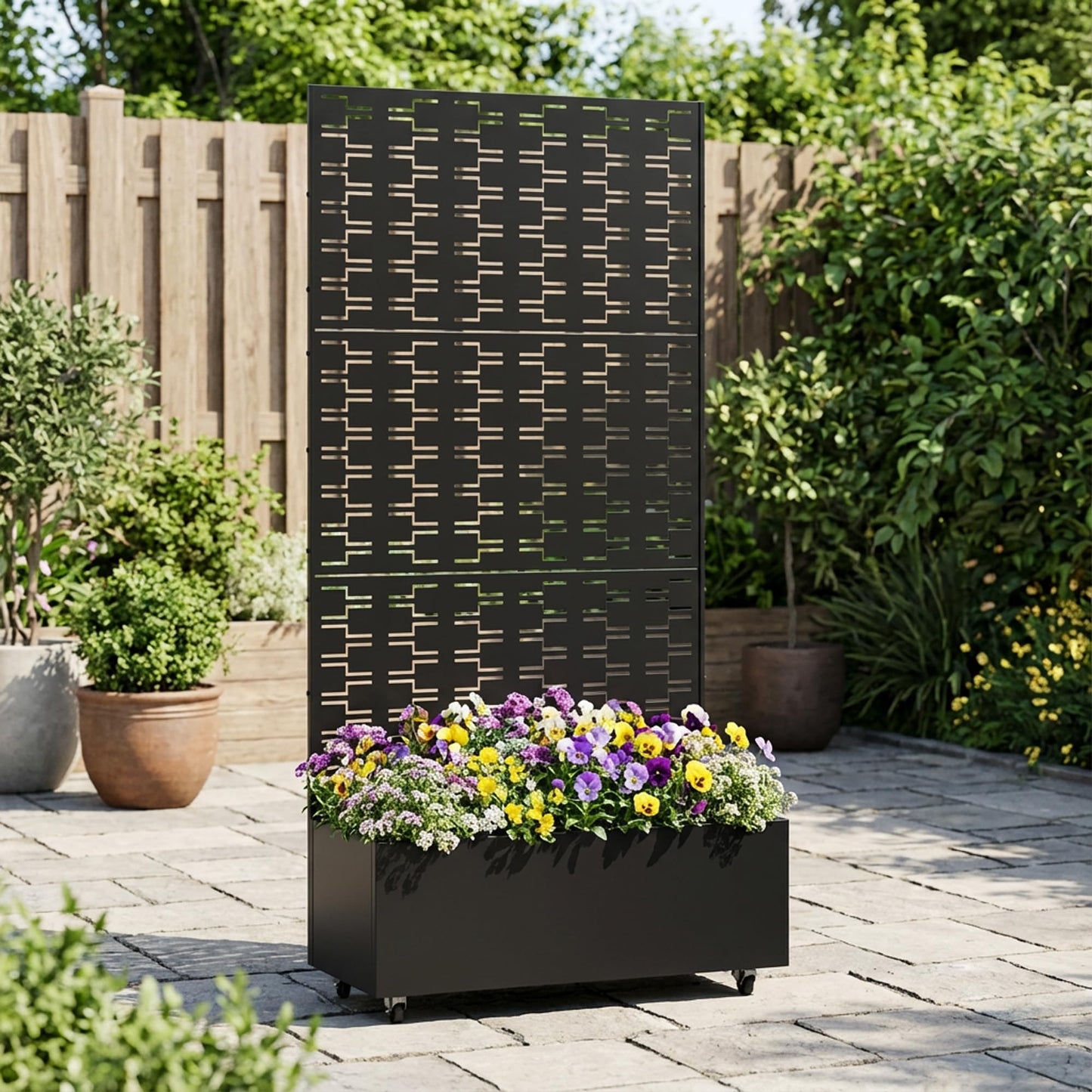 Metal Raised Garden Bed with Trellis and Wheels, 71"x47"x16" Planter Box with Privacy Screen & Drainage Holes, Arched Outdoor Garden Bed for Climbing Plants, Vegetables, Flowers (Black-Square)