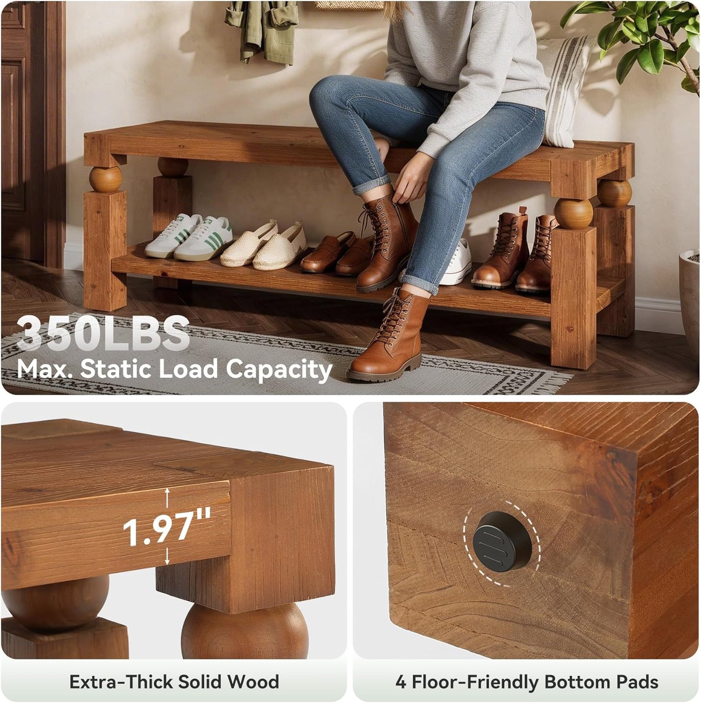 47-Inch Entryway Bench with Shoe Storage, Solid Wood Shoe Rack Bench, Narrow Storage Bench, Long Rustic Wood Bench for Indoor, Bedroom, Hallway, Living Room (Brown)