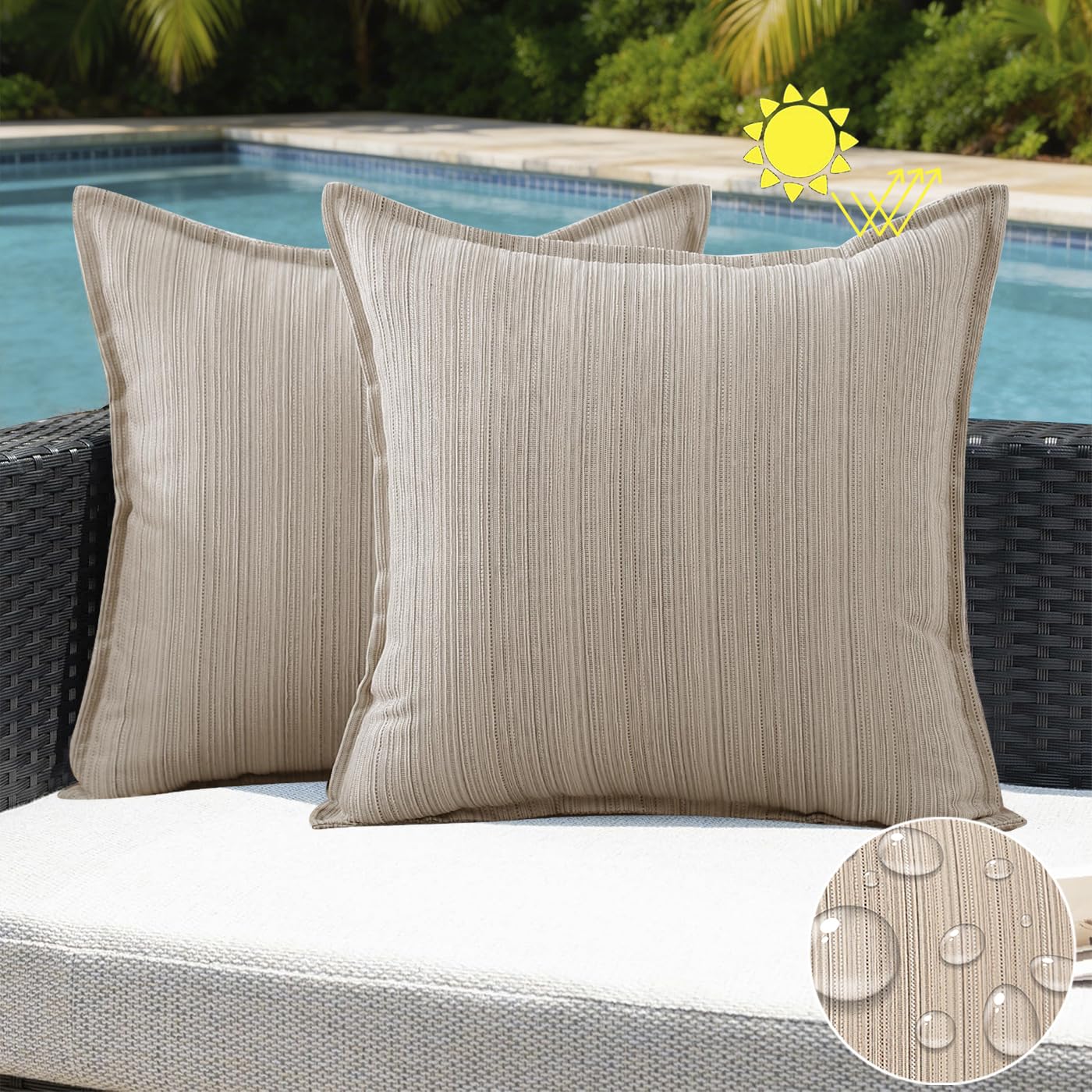 VAKADO Outdoor Waterproof Throw Pillow Covers 18x18 Set of 2,Chenille UV Decorative with Hem Patio Furniture Cushion Cases Decor for Bench Garden Tent Chair Seat Porch Couch,Stripe Beige