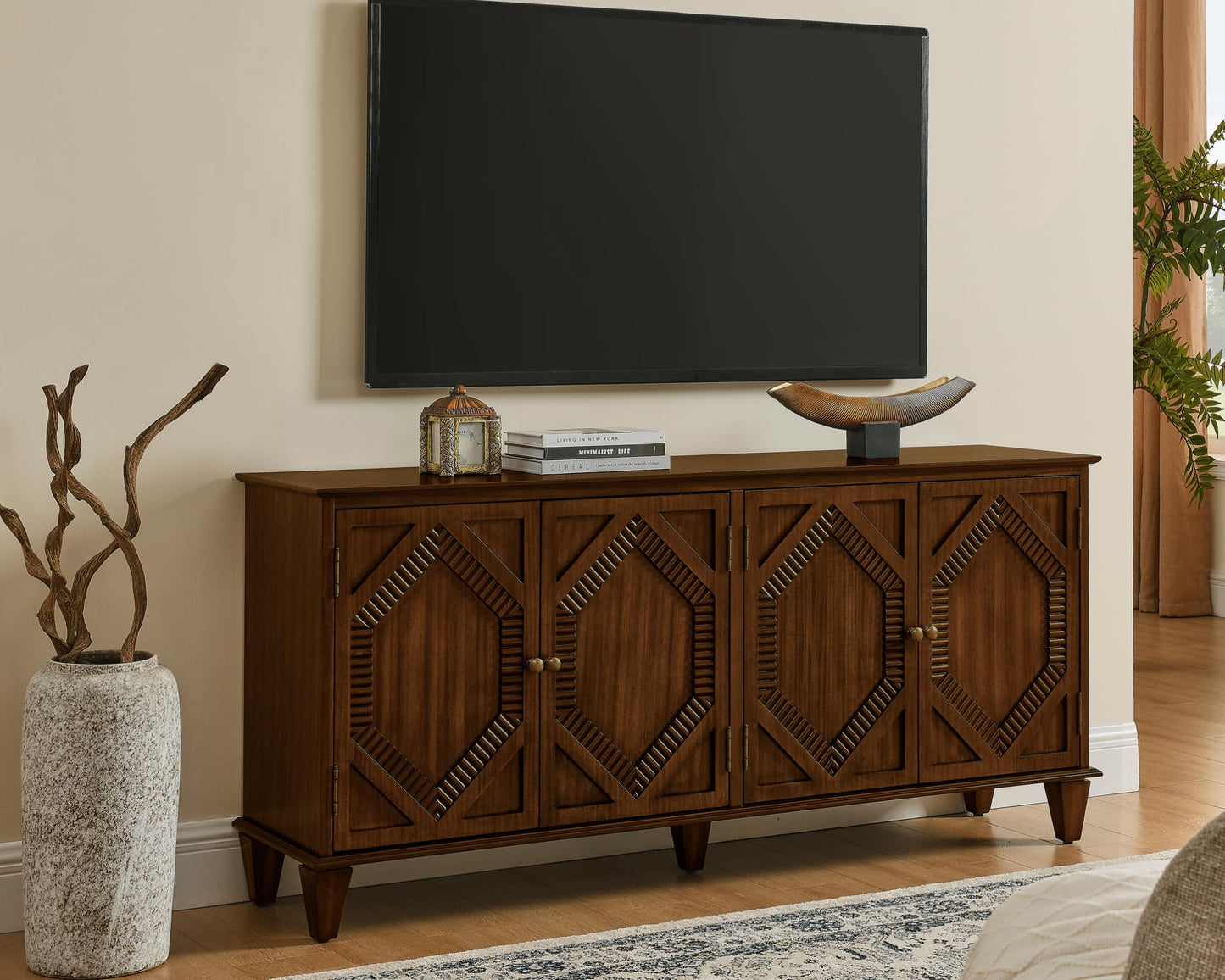 LKTART 65" Mid Century Sideboard Buffet Cabinet with Solid Wood Legs,Accent Storage Cabinet Credenza with 4 Doors for Living Room,Entryway,Kitchen(Walnut)