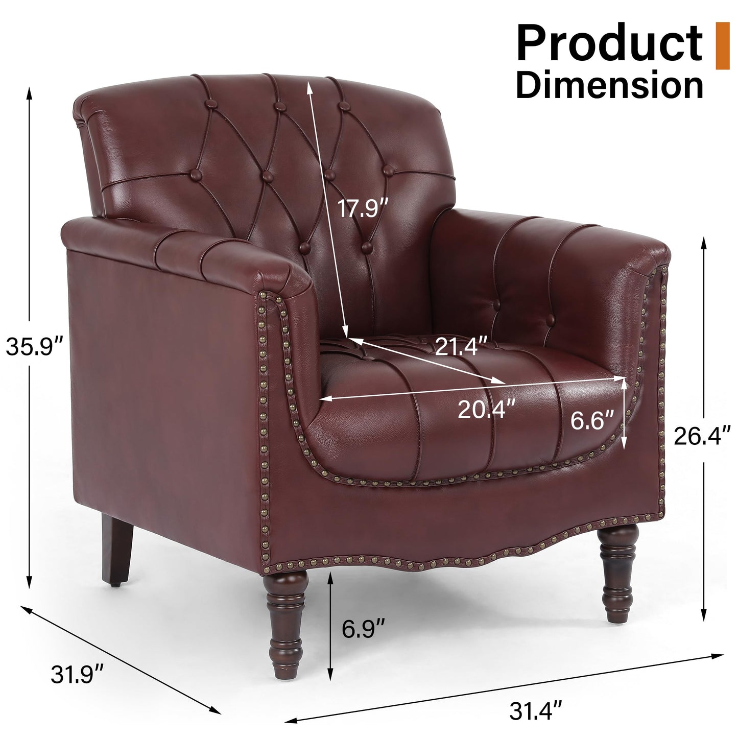 Faux Leather Club Chair, Retro Upholstered Armchair Accent Chair with Solid Wood Legs & Nailhead Trim for Living Room, Bedroom, Reading Room, Camel