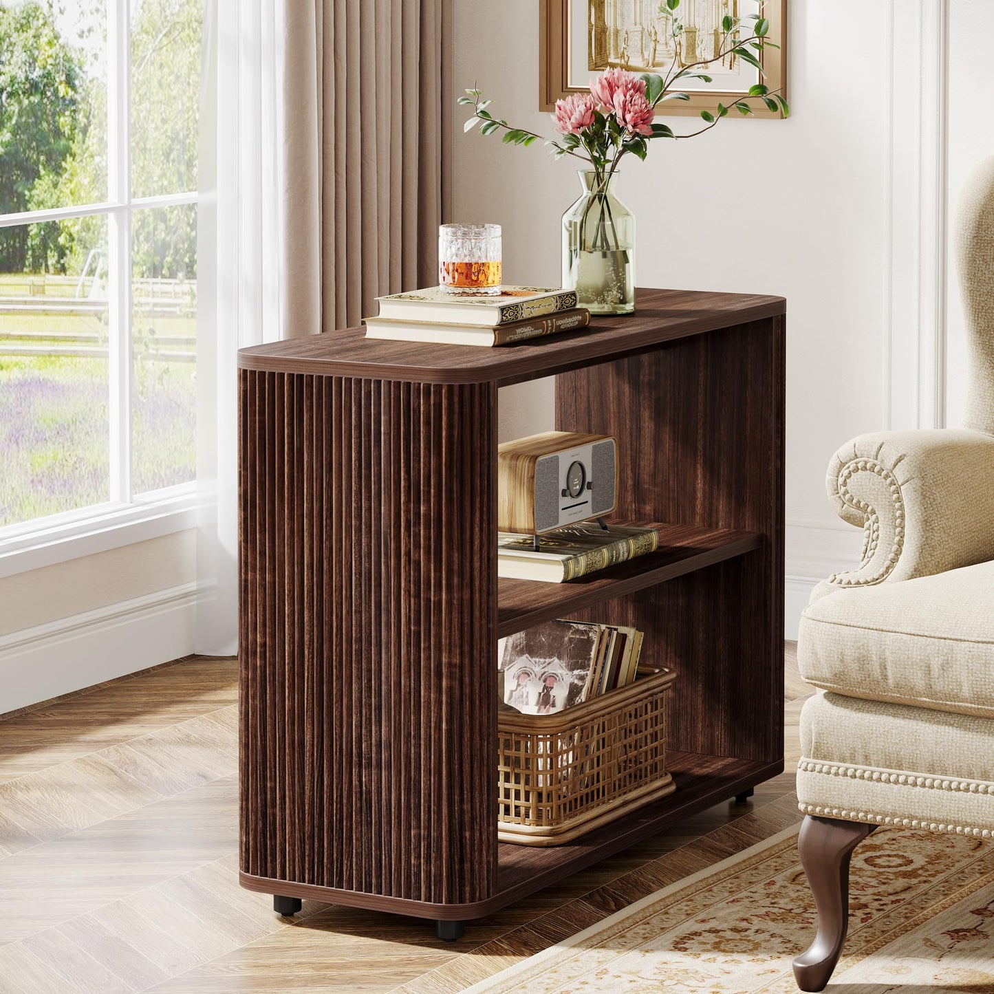Tribesigns Narrow Side Table, 3-Tier End Table for Living Room, Small Fluted Nightstand with Storage Shelves, Farmhouse Bedside Table for Bedroom, Small Spaces, Sofa Couch, Dark Walnut