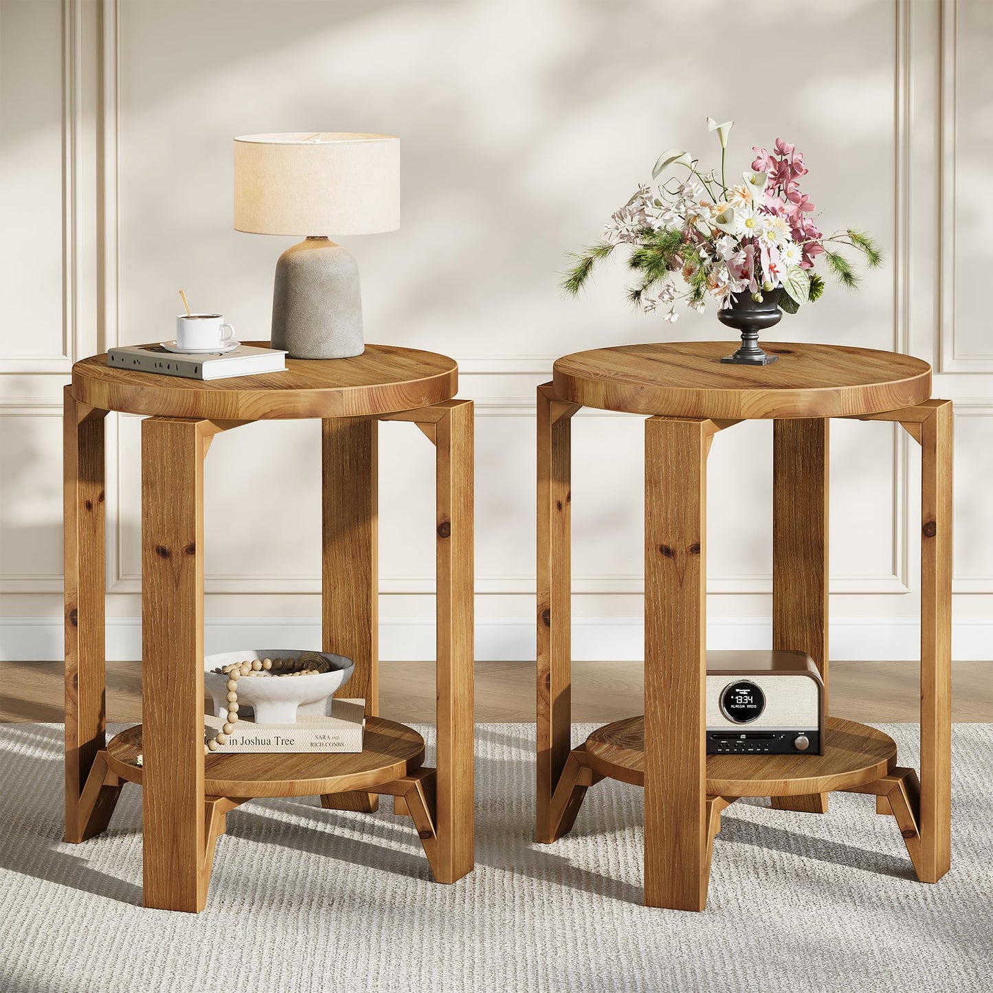 Solid Wood End Table, 2-Tier Round Wood Side Table for Living Room, Farmhouse Circle Nightstand with Storage for Bedroom, Couch, Small Spaces, Easy Assembly, Rustic Brown