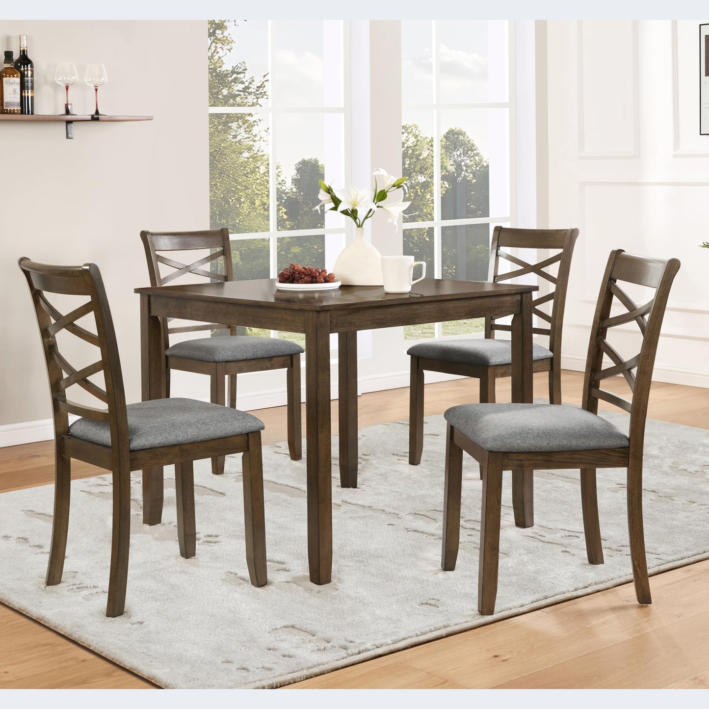 LKTART 5-Piece Kitchen & Dining Room Table and Chairs Sets,Small Square Kitchen Table with 4 Upholstered XX-Shaped Backrest Chairs,Walnut