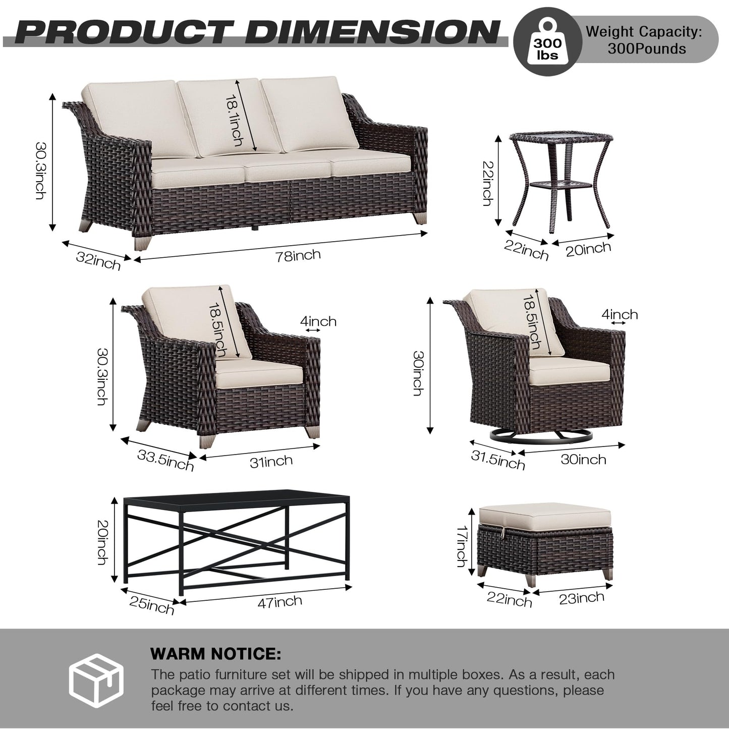 Joyside Patio Sofa - 3 Seater Rattan Sofa, All Weather High Back Sofa, Upgraded Large Size with 4inch Seat Cushions for Backyard, Garden, Poolside (Brown/Blue)