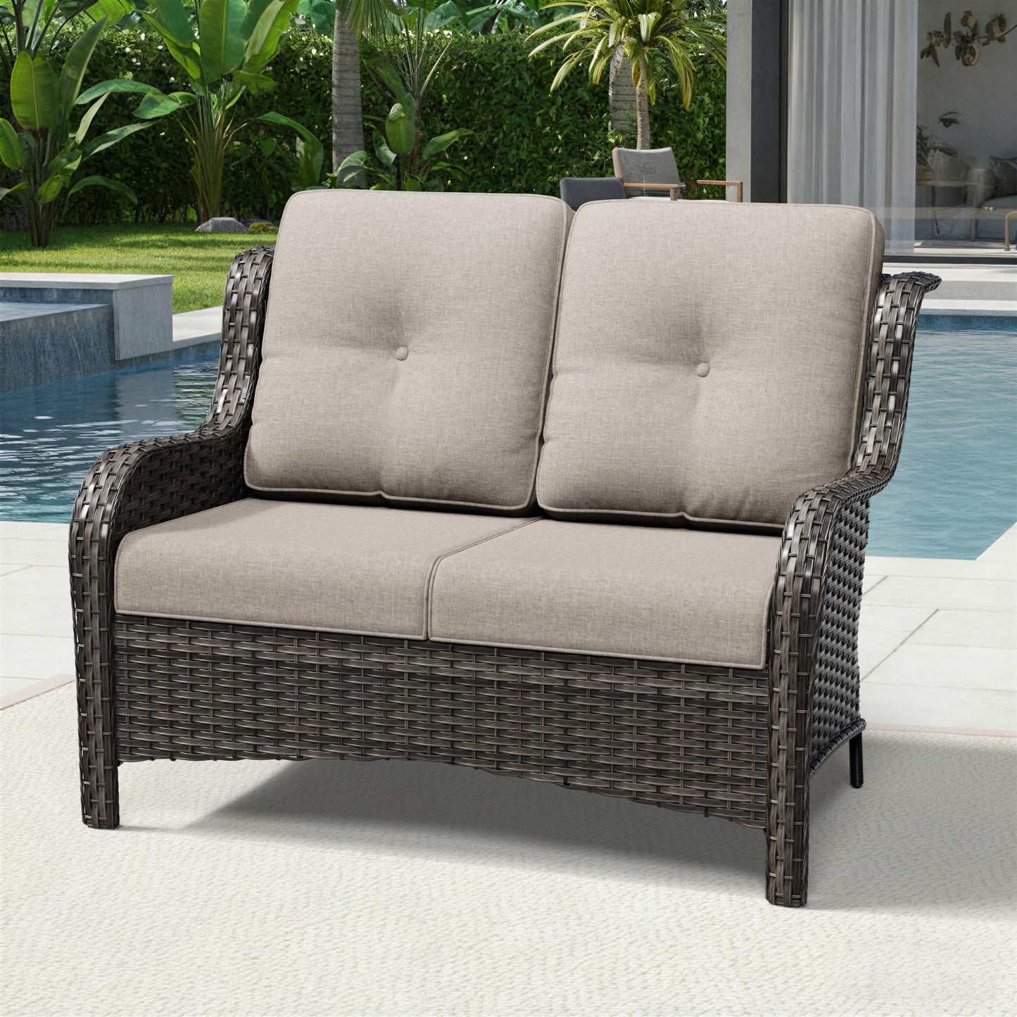 Joyside Outdoor Patio Couch,Outdoor Wicker Loveseat with High Back, Deep Seating, Wide Armrest, Thickened Cushions, Patio Loveseat for Deck, Porch Use