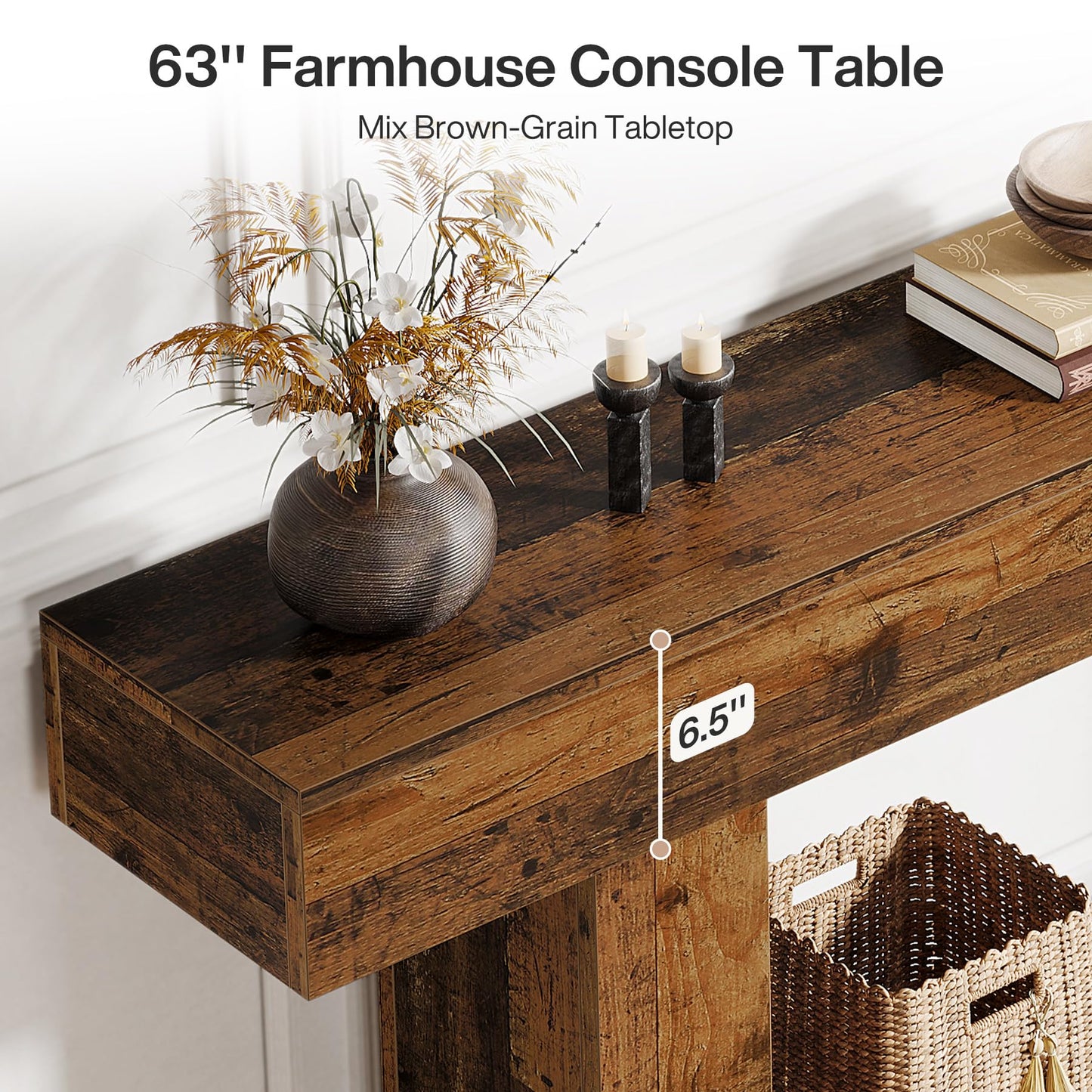 Tribesigns 63" Console Table, Farmhouse 2-Tier Entryway Table with U-Shaped Base, Narrow Long Wood Sofa Table Behind Couch Table for Living Room, Hallway, Foyer, Vintage Brown & Gray | Farmhouse