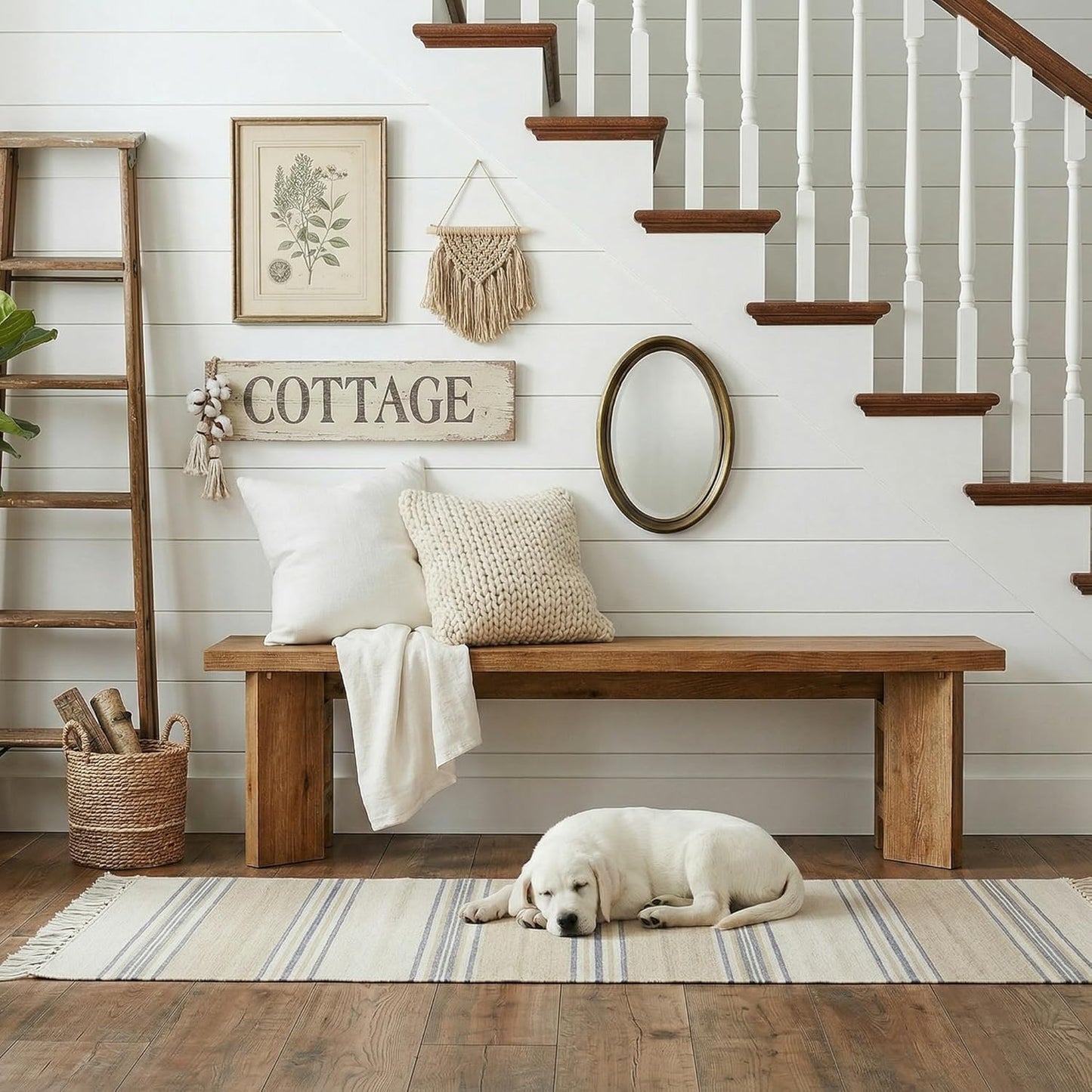 Solid Wood Entryway Bench, 62.99" Long Bench with Thickened Legs, Farmhouse Wooden Seating Benches for Entrance, Dining Room, End of Bed, Bay Window