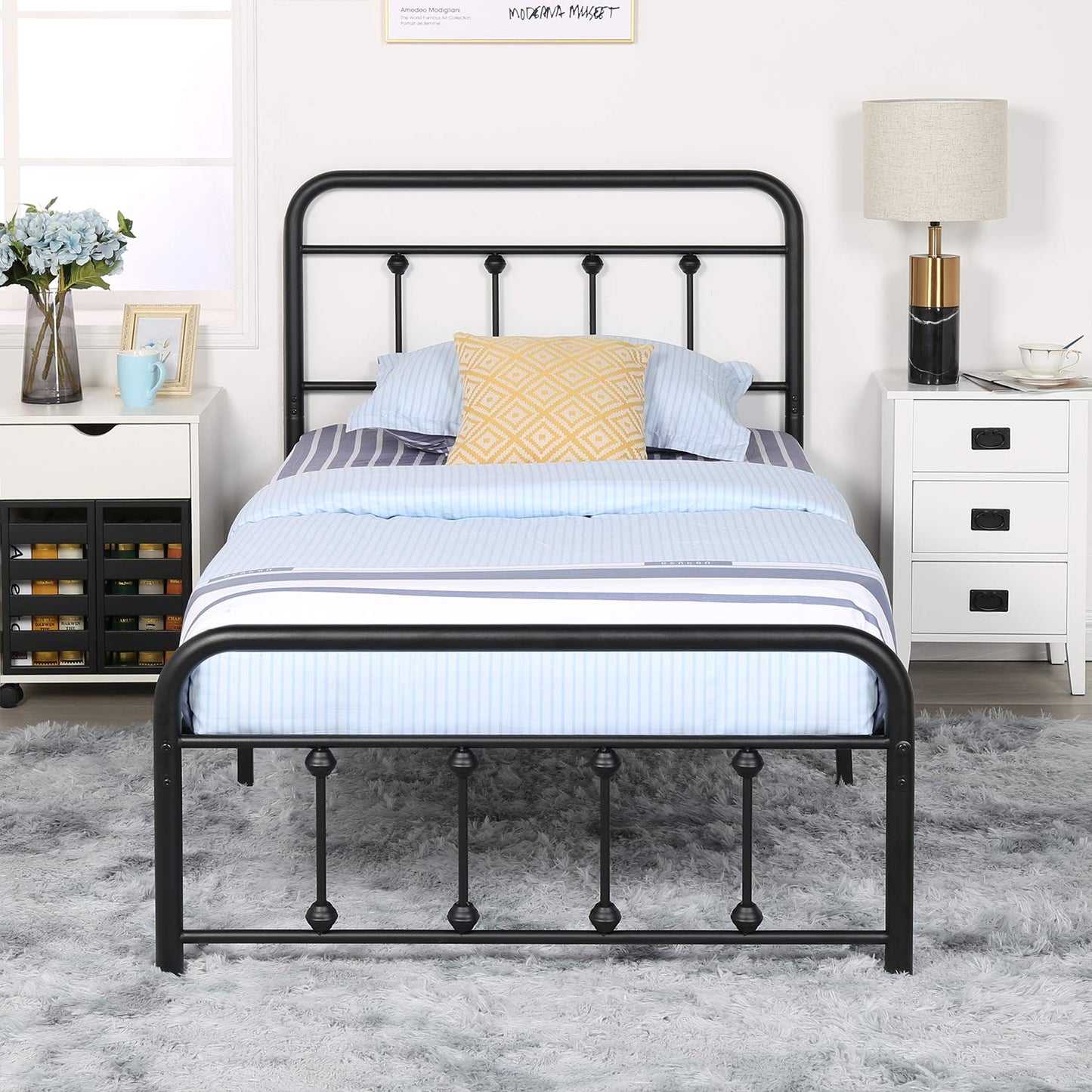 VECELO King Size Victorian Style Metal Bed Frame with Headboard/Mattress Foundation/No Box Spring Needed/Under Bed Storage and Strong Slat Support Purple Bronze