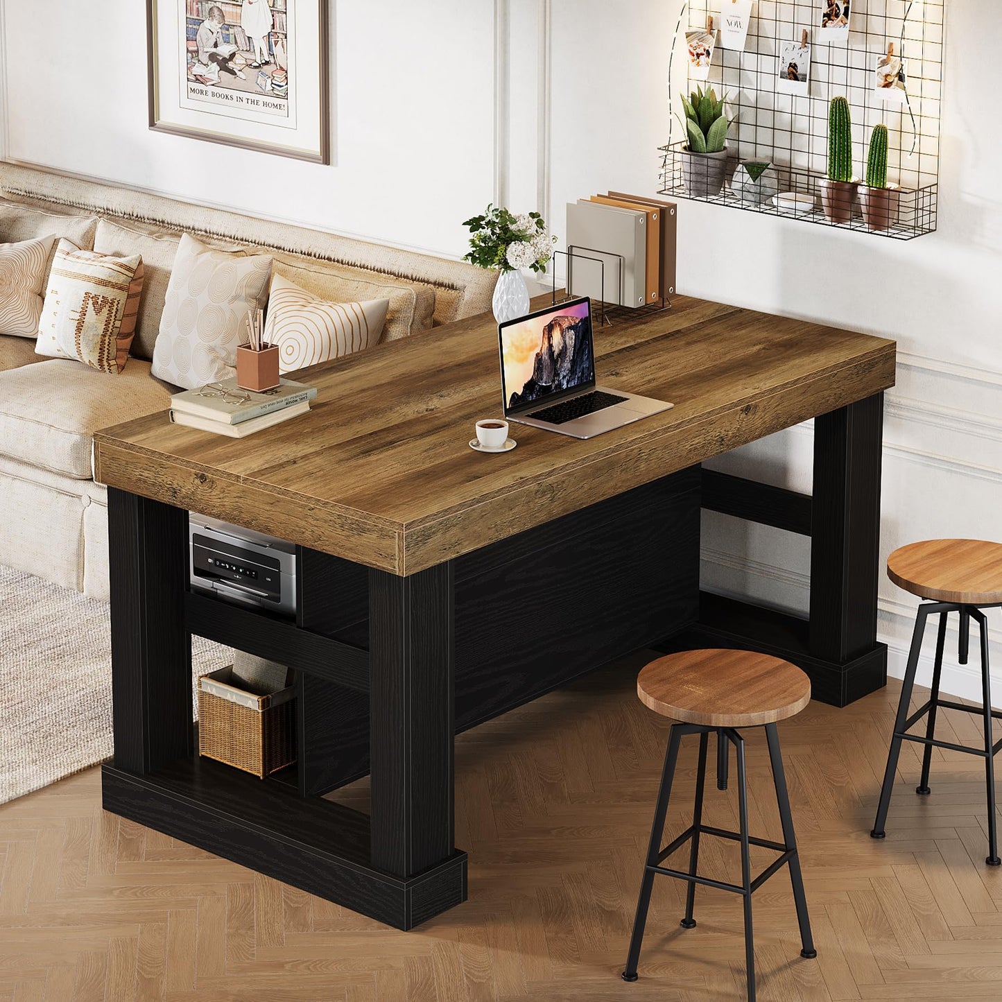 Tribesigns 55" Kitchen Island with Seating and Storage, 3-Tier Farmhouse Wood Stationary Island Table with Large Worktop & Leg Room, Coffee Bar Table with Storage Shelves for Kitchen, White and Brown