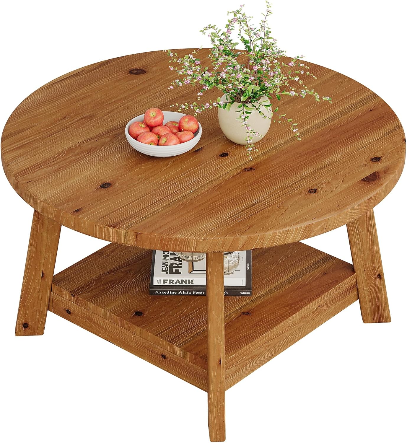 Solid Wood Round Coffee Table for Living Room, 31.5” Farmhouse Wooden 2-Tier Circle Center Cocktail Accent Table with Storage Shelf and Tapered Legs for Apartment, Small Space, Brown