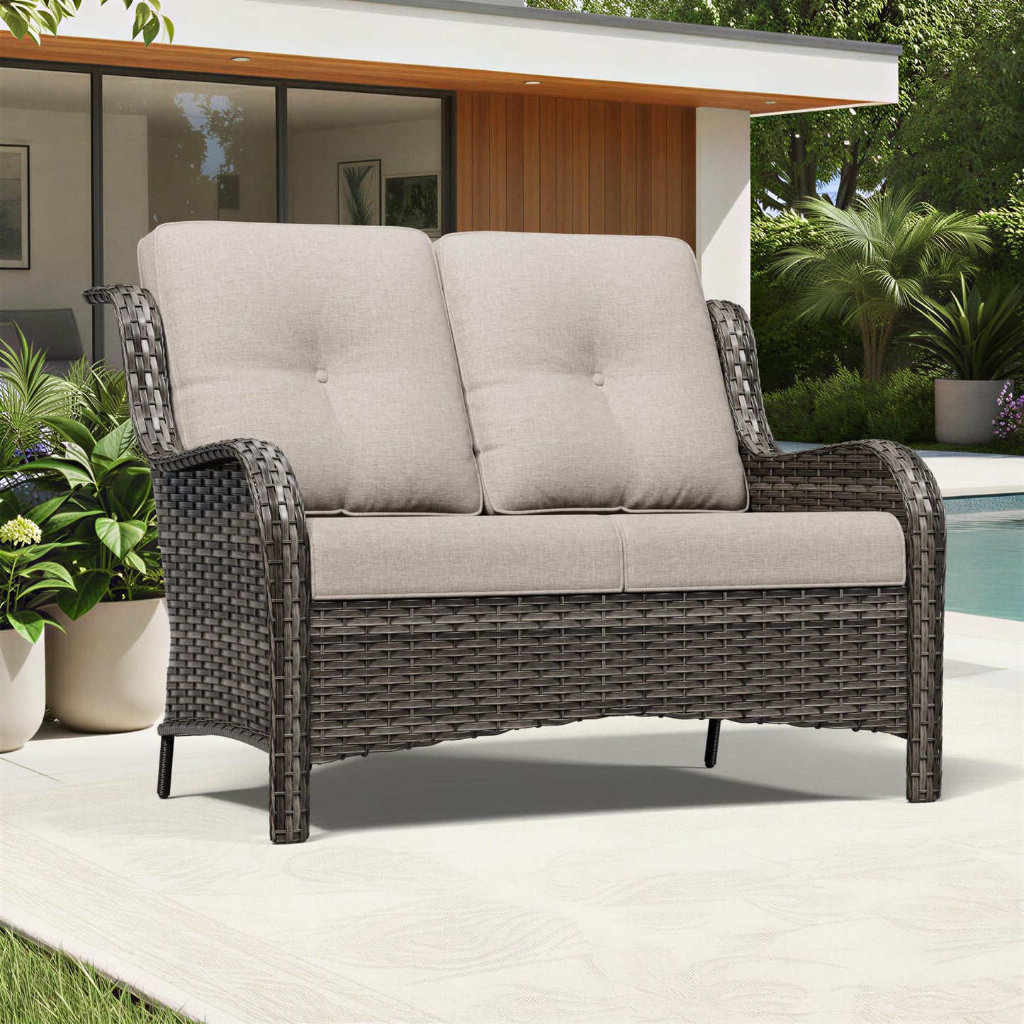 Joyside Outdoor Patio Couch,Outdoor Wicker Loveseat with High Back, Deep Seating, Wide Armrest, Thickened Cushions, Patio Loveseat for Deck, Porch Use