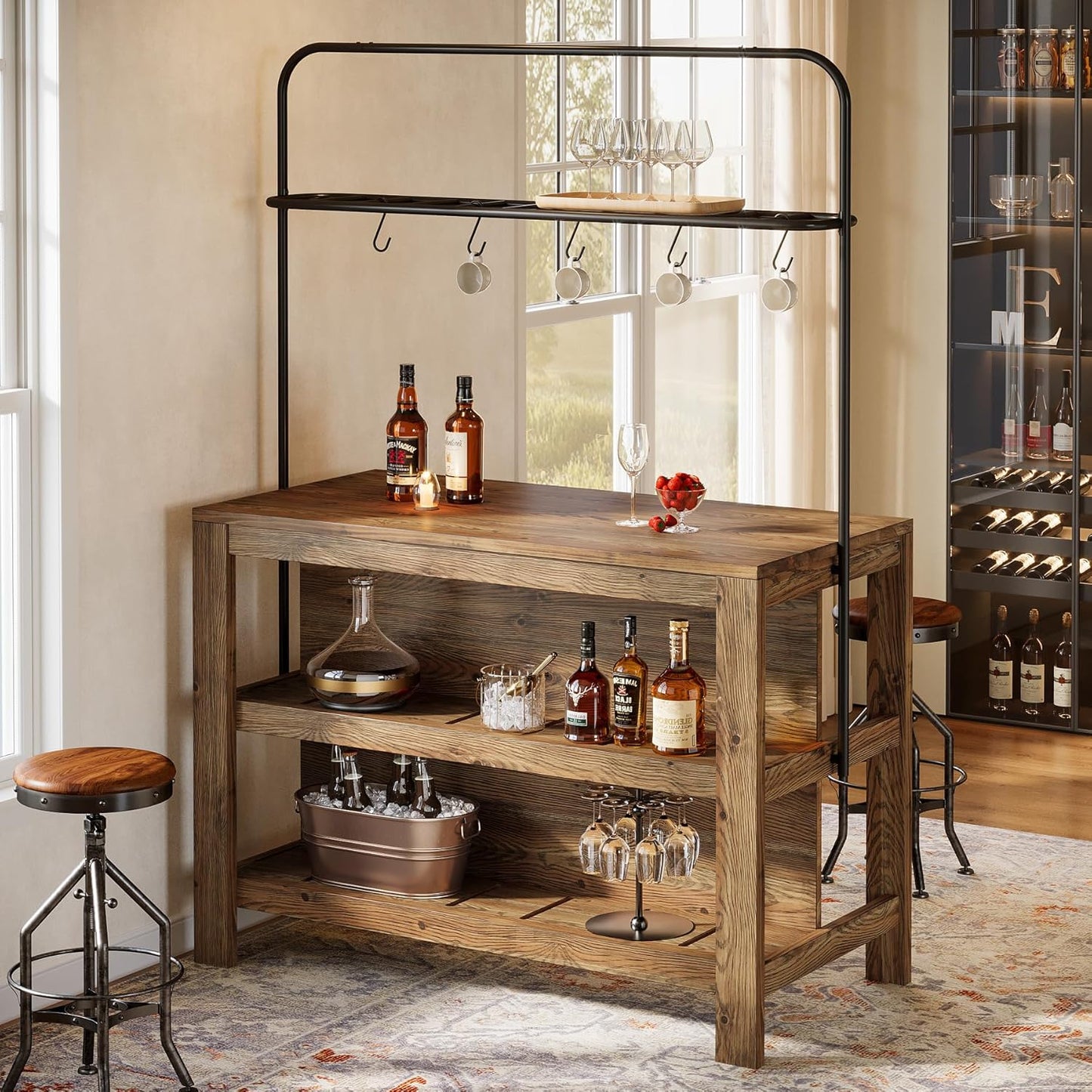 47-Inch Solid Wood Bar Table, 3-Tier Industrial Home Bar Unit with Storage Shelves, Counter Height Pub Bar Dining Table for Kitchen, Dining Room, Living Room, 5 Hooks, Rustic Brown