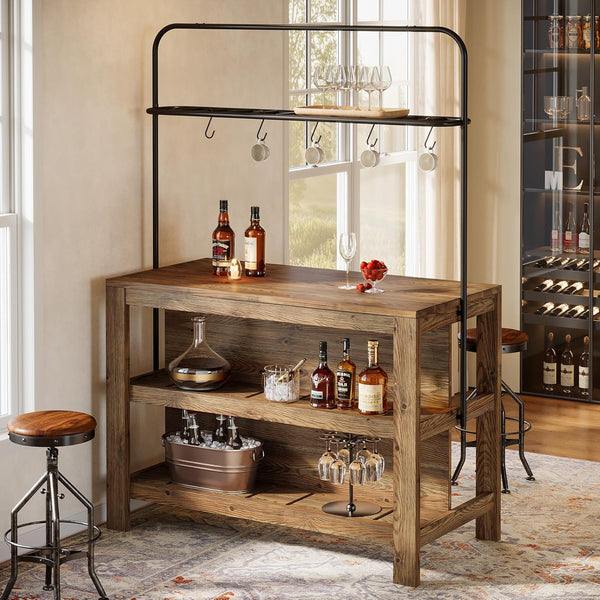 47-Inch Solid Wood Bar Table, 3-Tier Industrial Home Bar Unit with Storage Shelves, Counter Height Pub Bar Dining Table for Kitchen, Dining Room, Living Room, 5 Hooks, Rustic Brown