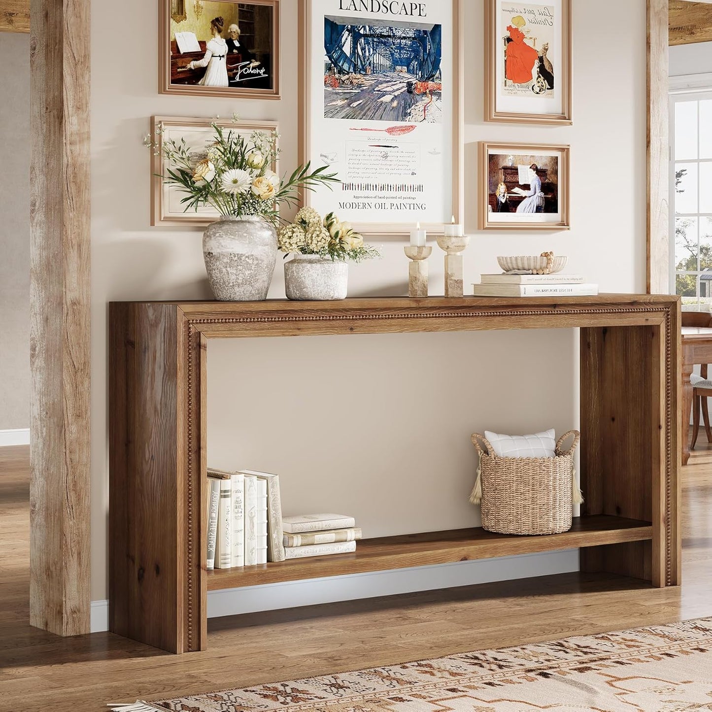 63" Solid Wood Console Table, Farmhouse Narrow Long Entryway Table with 2-Tier Storage Shelf for Living Room, Hallway, Entryway, Easy Assembly, Brown