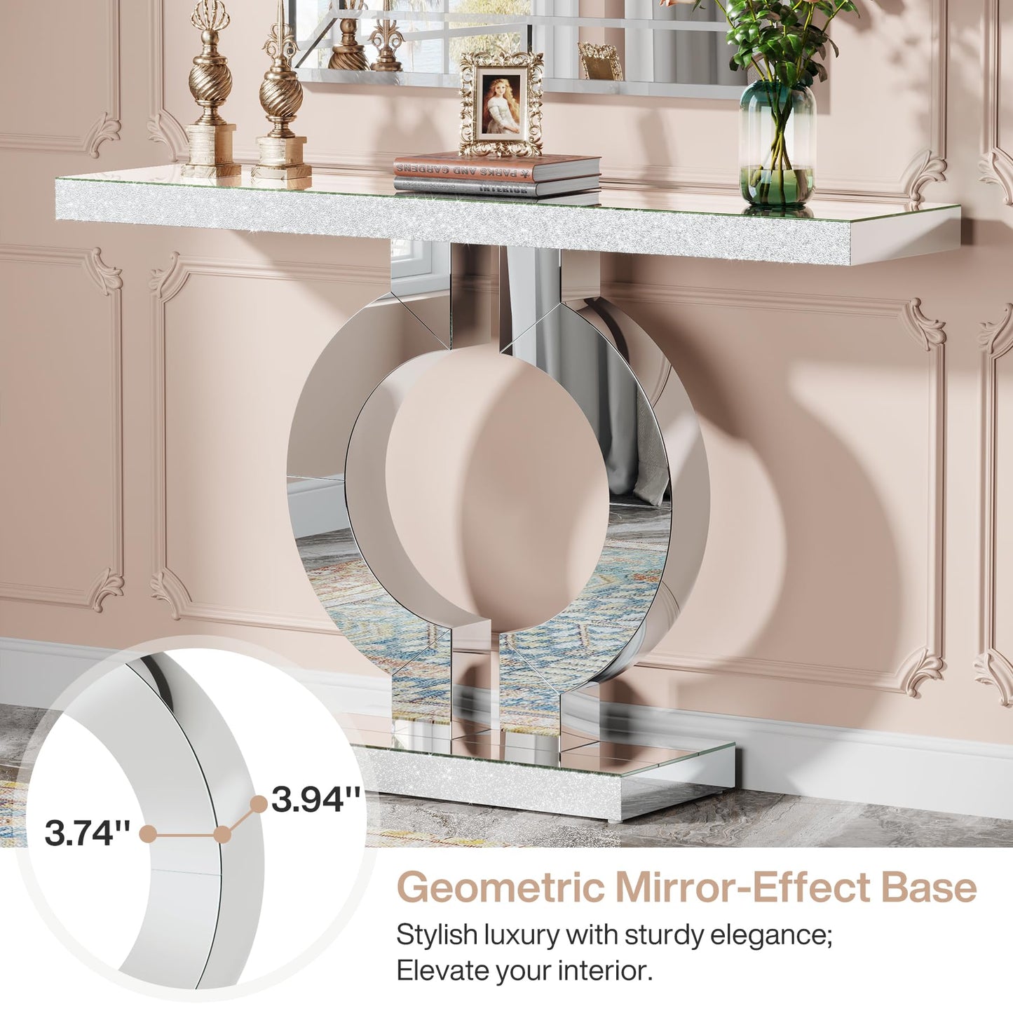 Tribesigns Modern Mirrored Console Table, Glass Sofa Table with Mirror Finish, 43-Inch Entryway Table with O-Shaped Base, Rectangular Accent Foyer Table for Living Room Hallway Entrance (Black)