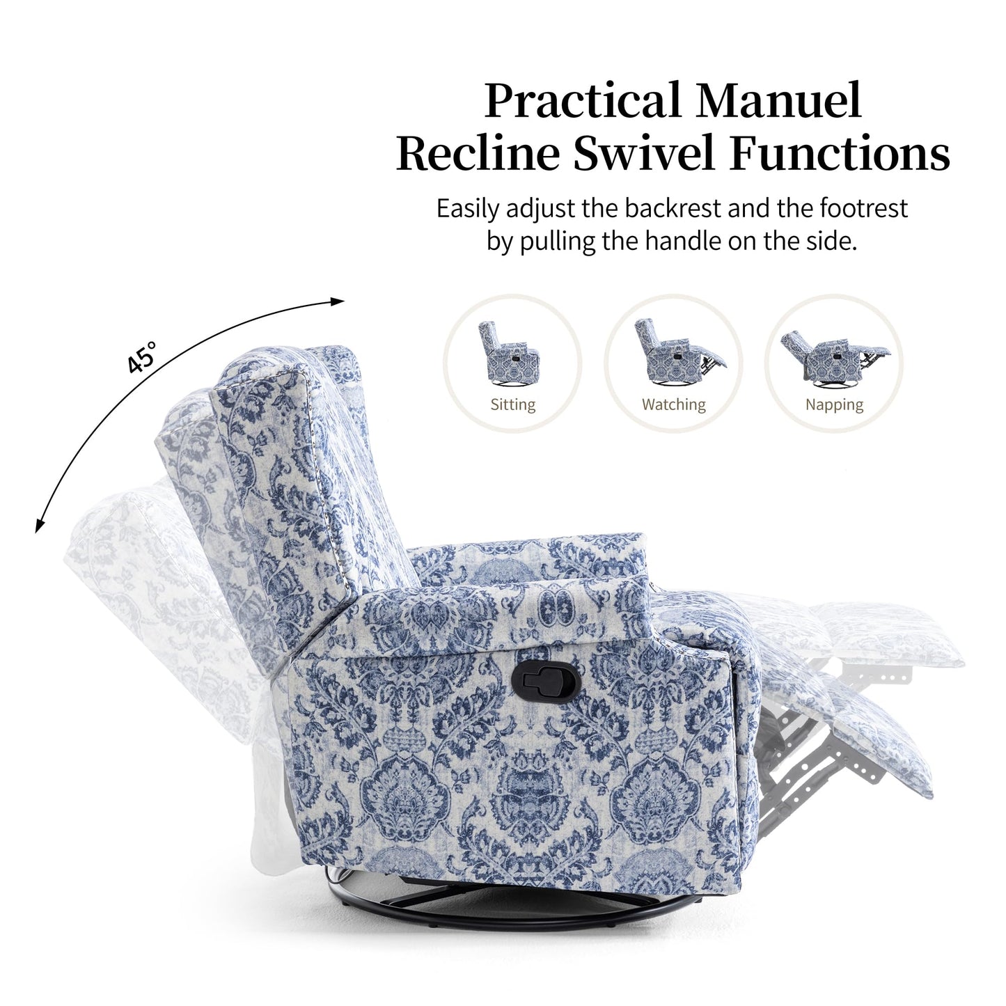 Swivel Rocker Recliner Chair, 360° Swivel Wingback Recliner Chairs for Adults, Upholstered Printed Fabric Glider Rocking Chair with High Back, Deep Seat for Living Romm Bedroom, Bird