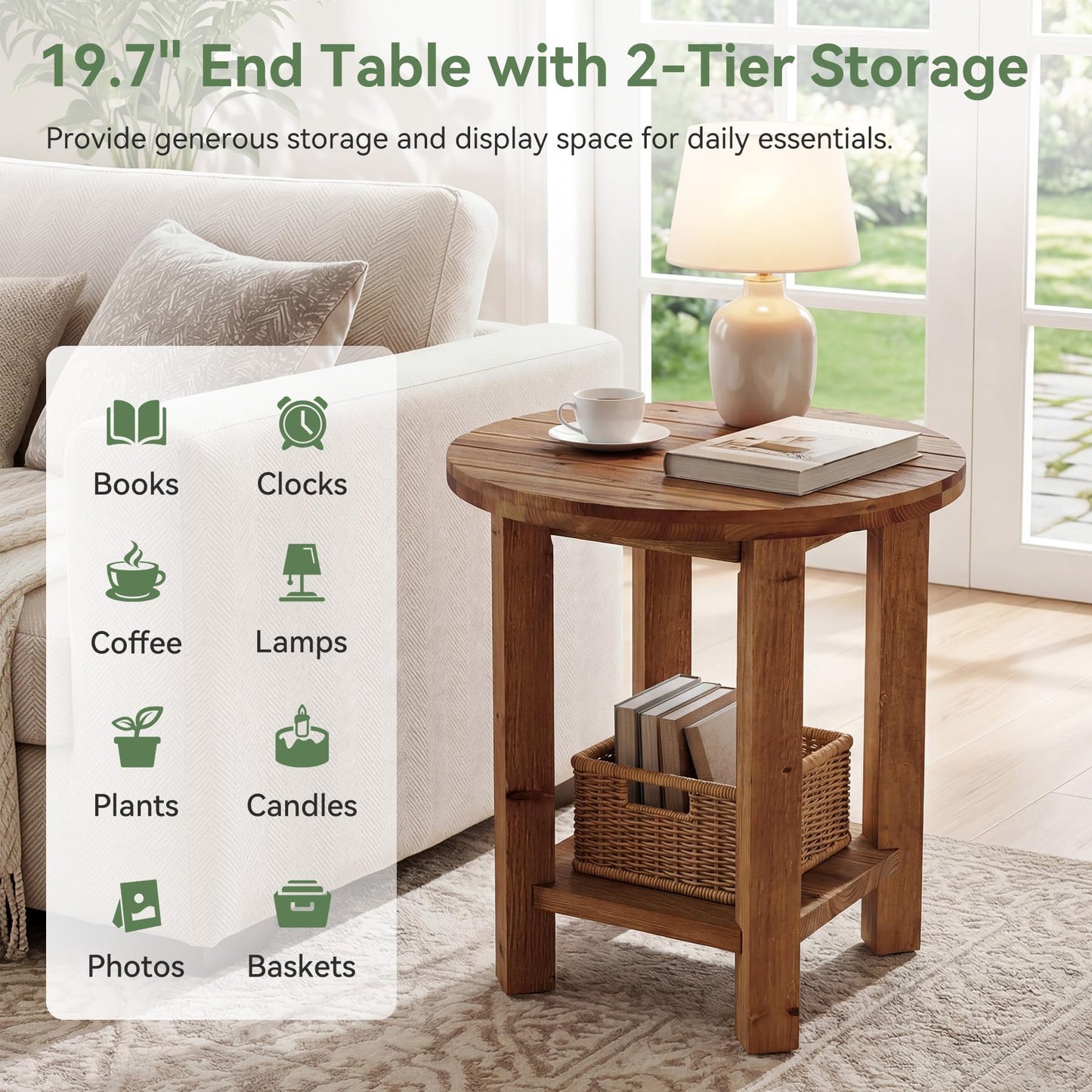 Round Side Table, 2-Tier Solid Wood End Table with Storage Shelf, Small Farmhouse Accent Table with Grooved Textured Tabletop for Living Room, Bedroom, Brown (1)
