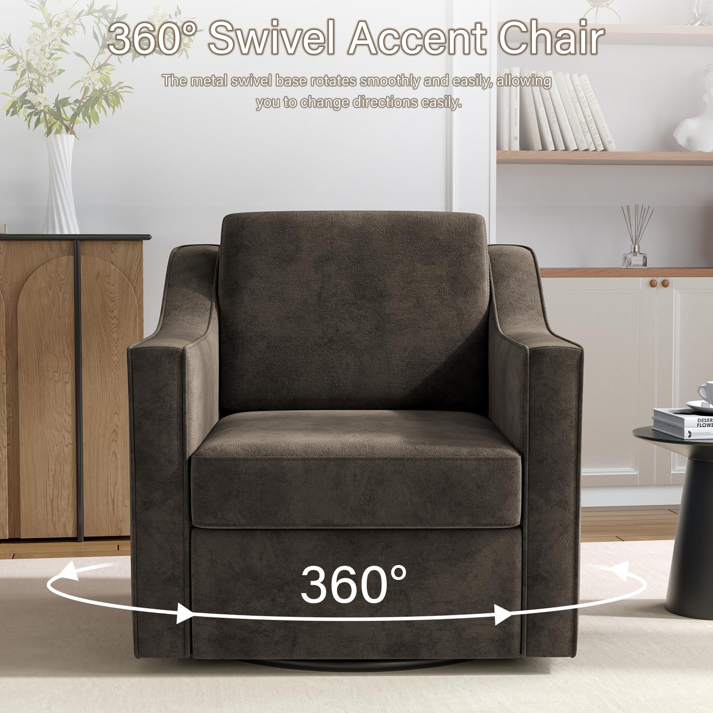 Swivel Accent Chairs Set of 2, 360° Swivel Upholstered Faux Leather Club Armchairs for Living Room, Comfy Single Sofa Reading Chair with Deep Seat, Metal Swivel Base, Coffee