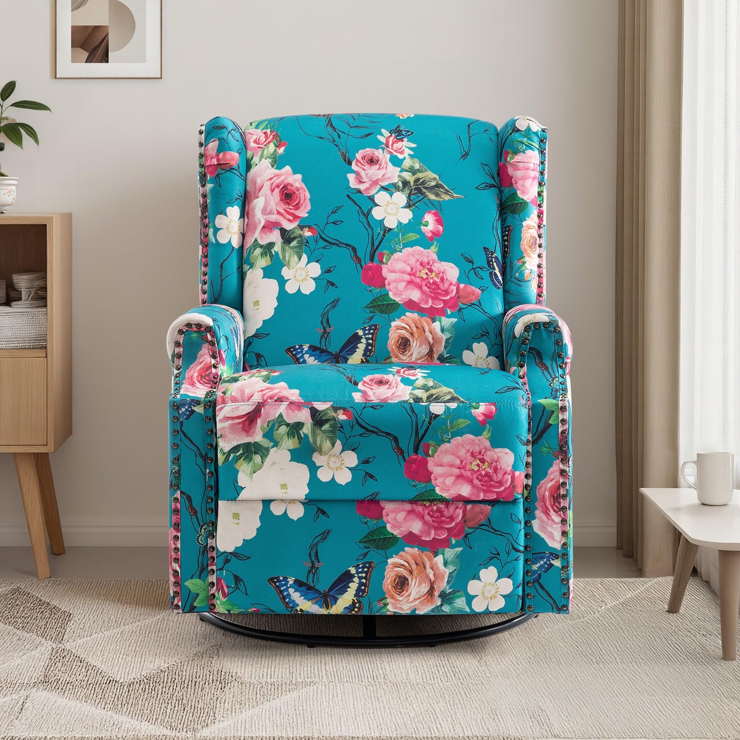 Swivel Rocker Recliner Chair, 360° Swivel Wingback Recliner Chairs for Adults, Upholstered Printed Fabric Glider Rocking Chair with High Back, Deep Seat for Living Romm Bedroom, Bird