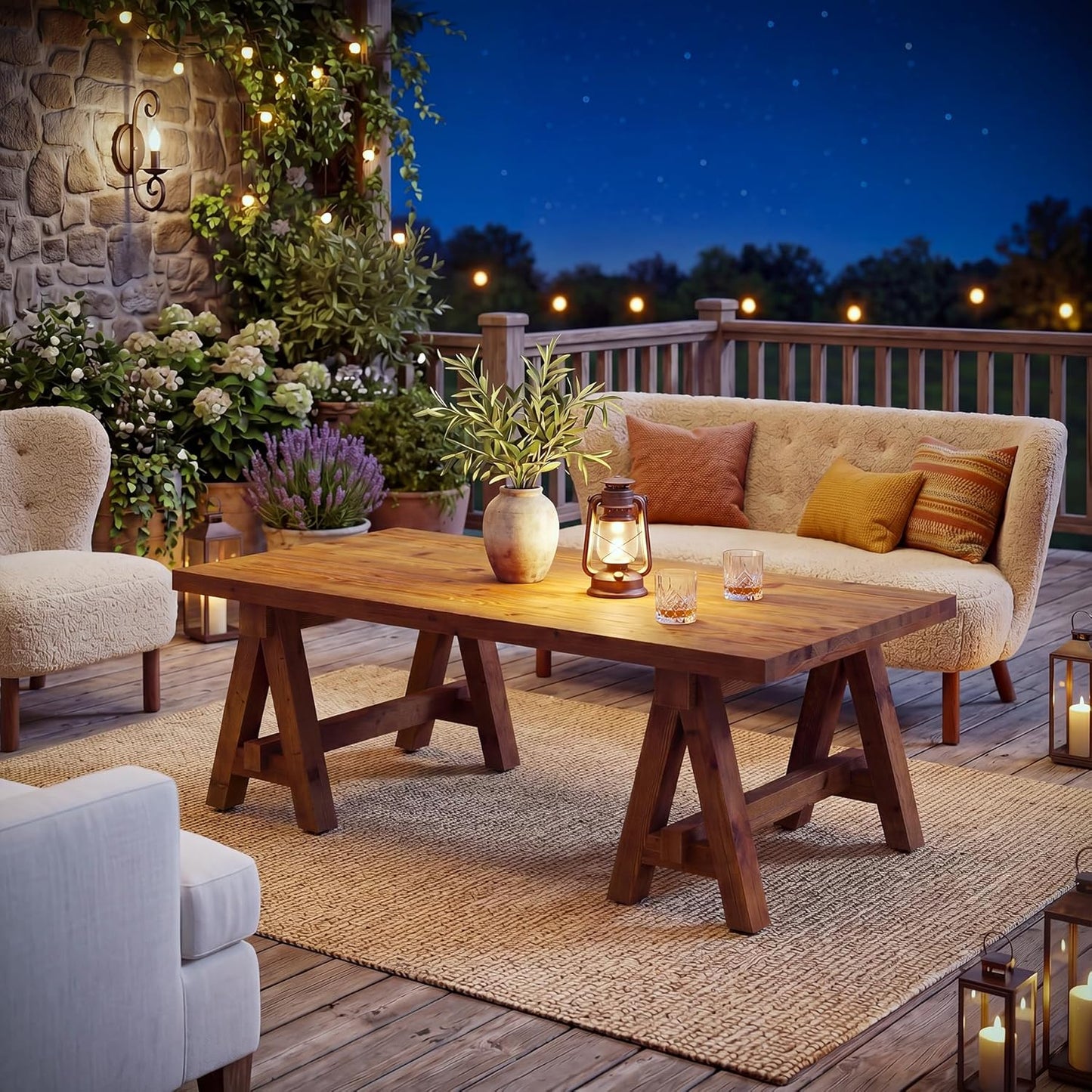 Solid Wood Coffee Table, 47" Rustic Farmhouse Center Table, Natural Wood Rectangular Coffee Tea Accent Furniture with Trestle Base & Spacious Tabletop for Living Room, Lounge, Home Office
