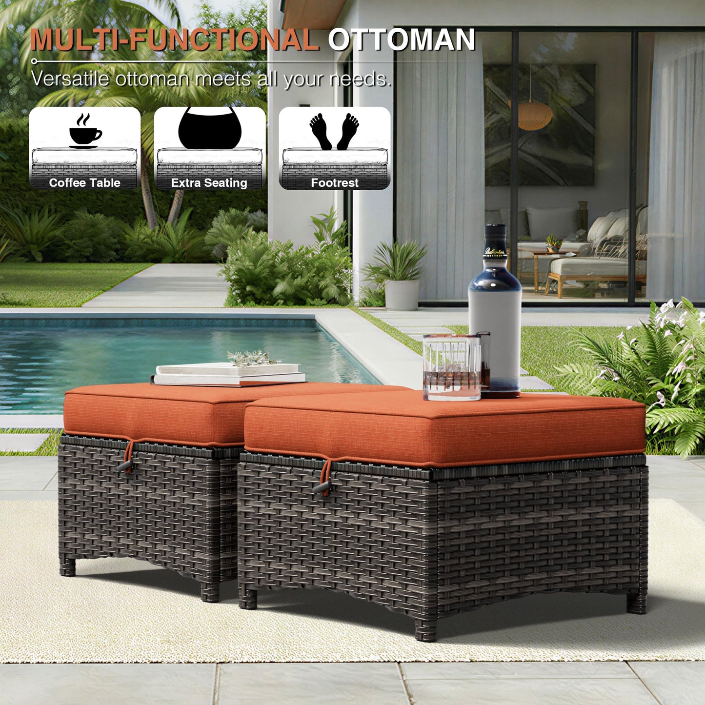 Joyside Outdoor Ottoman Set of 2, Patio Large Ottoman Foot Rest with Thickened Cushions, Outdoor Wicker Foot Stool for Porch, Deck Use