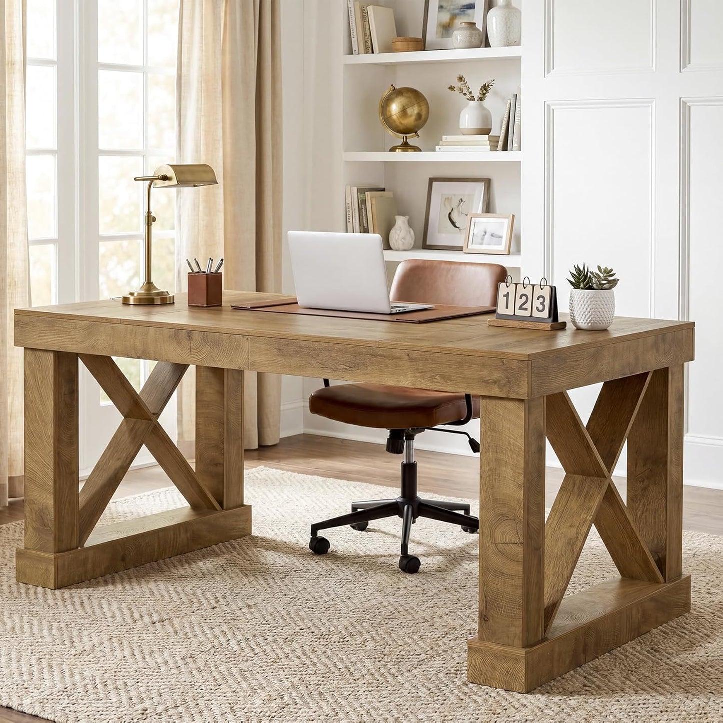 Tribesigns 63-Inch Executive Desk, Farmhouse Office Computer Desk with Sturdy Leg Structure, Rectangular Writing Table Business Furniture for Home Office, Wood Color
