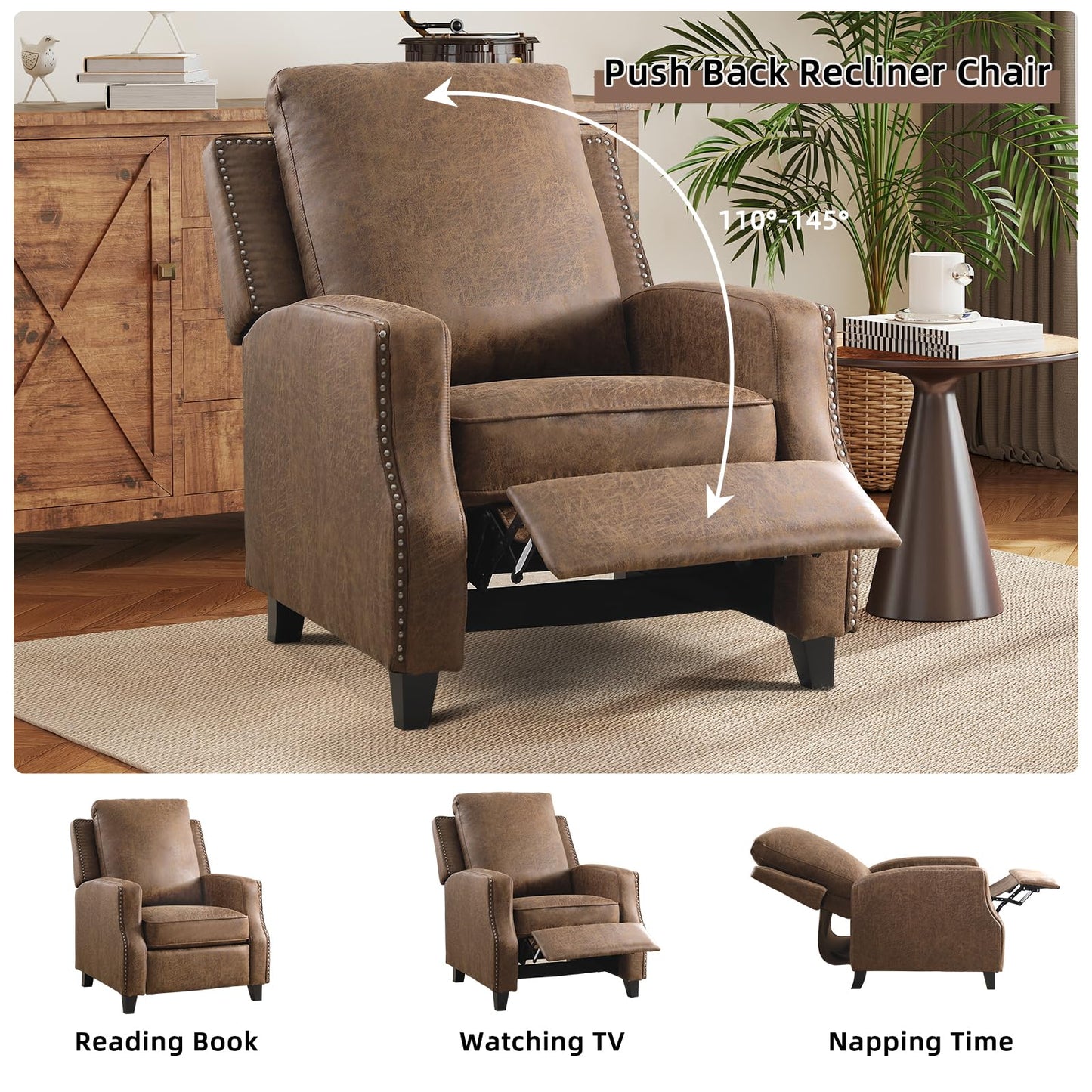 IOMOR Push Back Recliner Chair Faux Leather Lounge Armchair with Rivet Decoration Wingback Single Sofa Chair with Padded Seat Solid Wood Legs for Living Room, Comfy Upholstered, Red Brown
