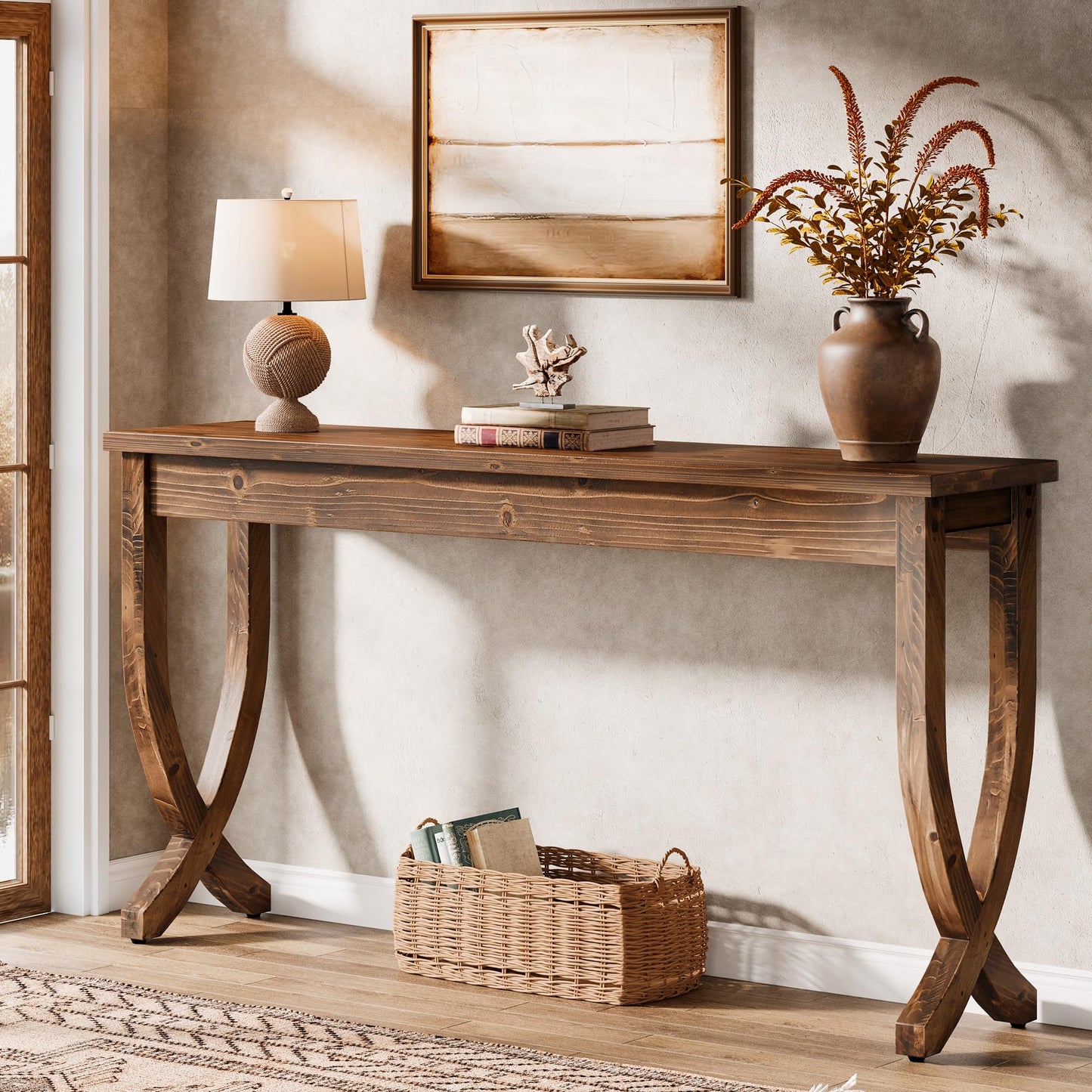 Solid Wood Console Table for Entryway, 63-Inch Narrow Long Sofa Table, Farmhouse Hallway Table for Living Room, Entrance, Foyer (Brown)