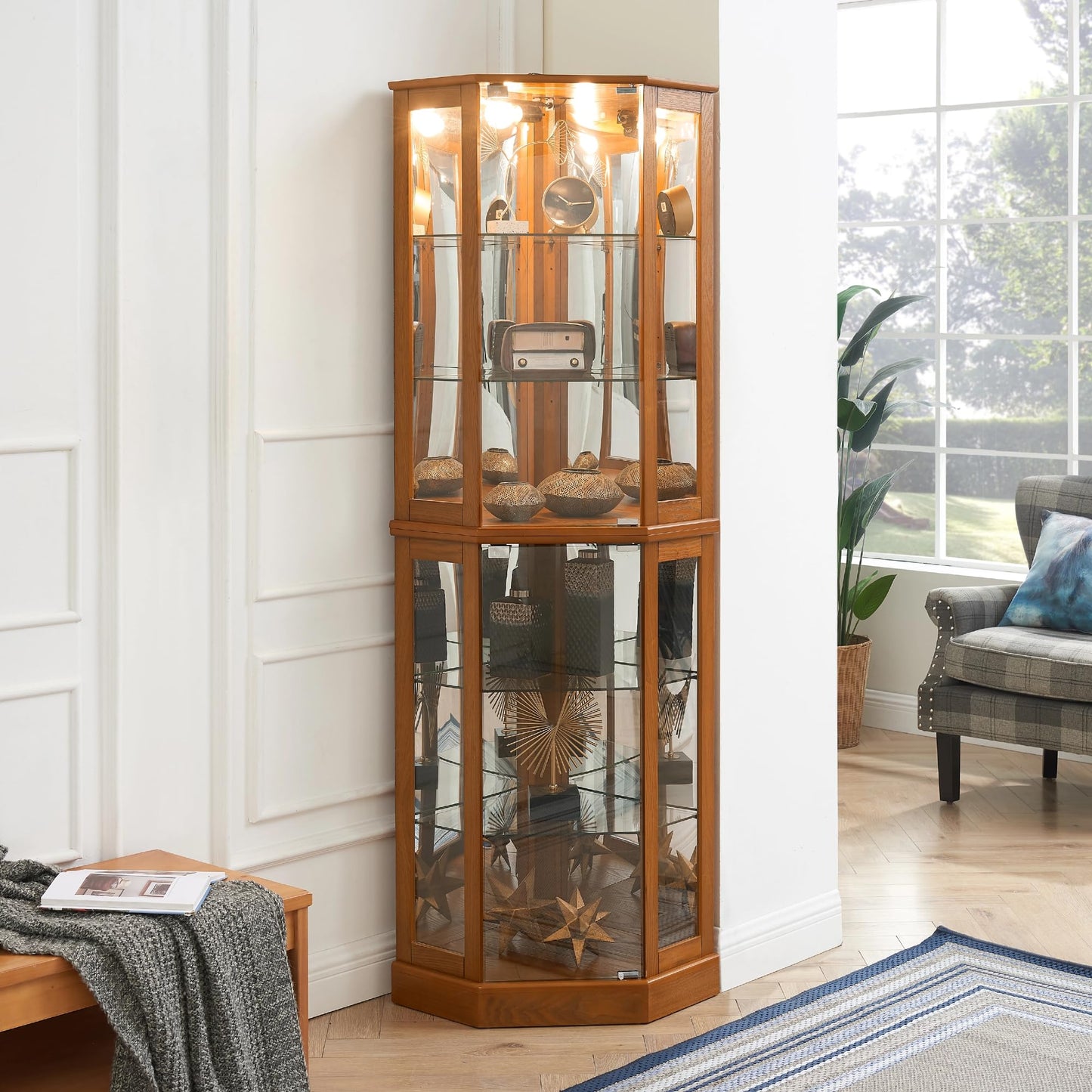 LKTART Corner Curio Cabinet with Lights, Glass Display Cabine, 72" Tall Corner Storage Cabinet with Mirrored Back Panel &Tempered Glass Doors and Adjustable Shelves (Oak)