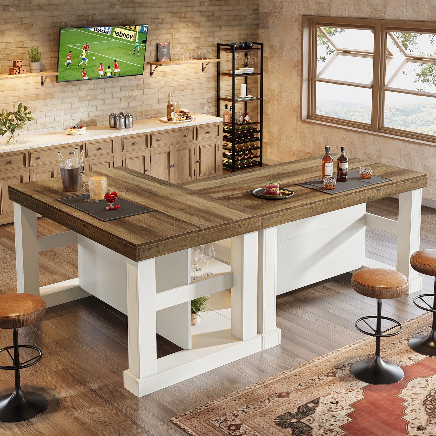 Tribesigns 55" Kitchen Island with Seating and Storage, 3-Tier Farmhouse Wood Stationary Island Table with Large Worktop & Leg Room, Coffee Bar Table with Storage Shelves for Kitchen, White and Brown