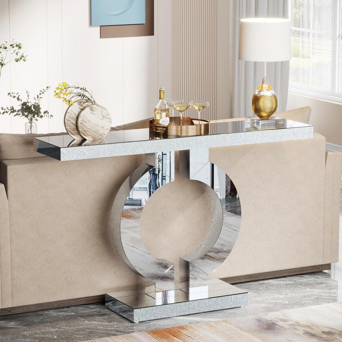 Tribesigns Modern Mirrored Console Table, Glass Sofa Table with Mirror Finish, 43-Inch Entryway Table with O-Shaped Base, Rectangular Accent Foyer Table for Living Room Hallway Entrance (Black)