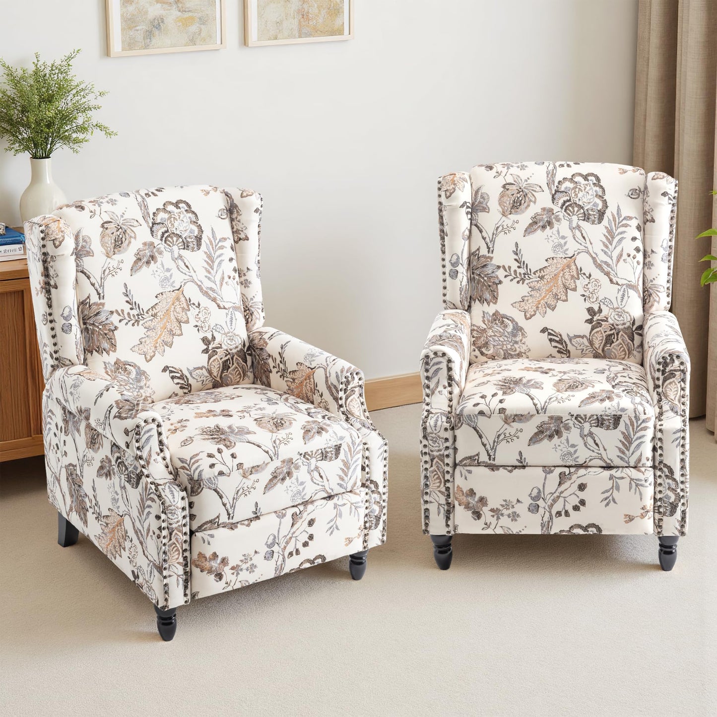 Pushback Recliner Chair, Printed Fabric Wingback Recliner Chair for Living Room, Upholstered Armchair Push Back Recliner with Wood Legs, Rivet Trim Wingback Accent Chair for Bedroom, Navy
