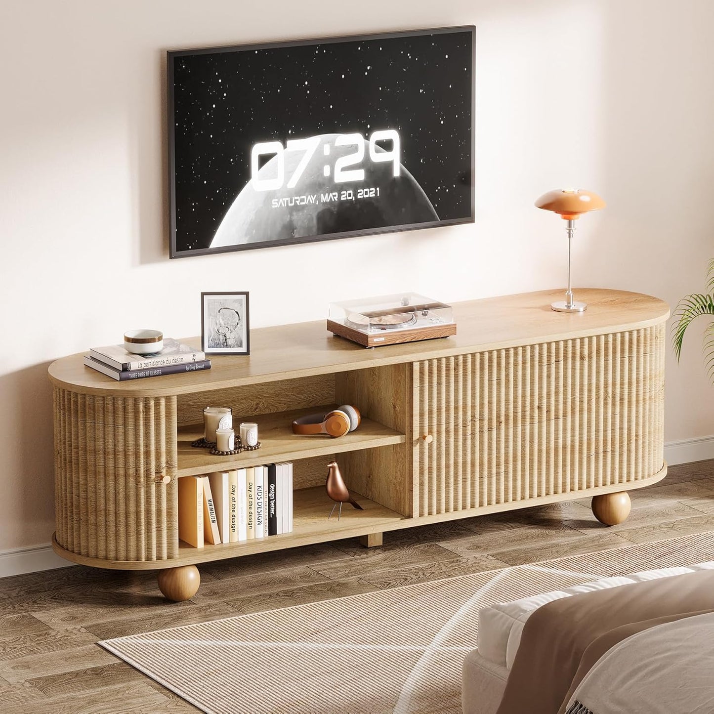 Tribesigns Farmhouse Fluted TV Stand, 70" Extra Long Media Console for TVs up to 65+ Inches, Wooden Entertainment Center with Storage Shelves and Sliding Doors for Living Room, Bedroom, Walnut