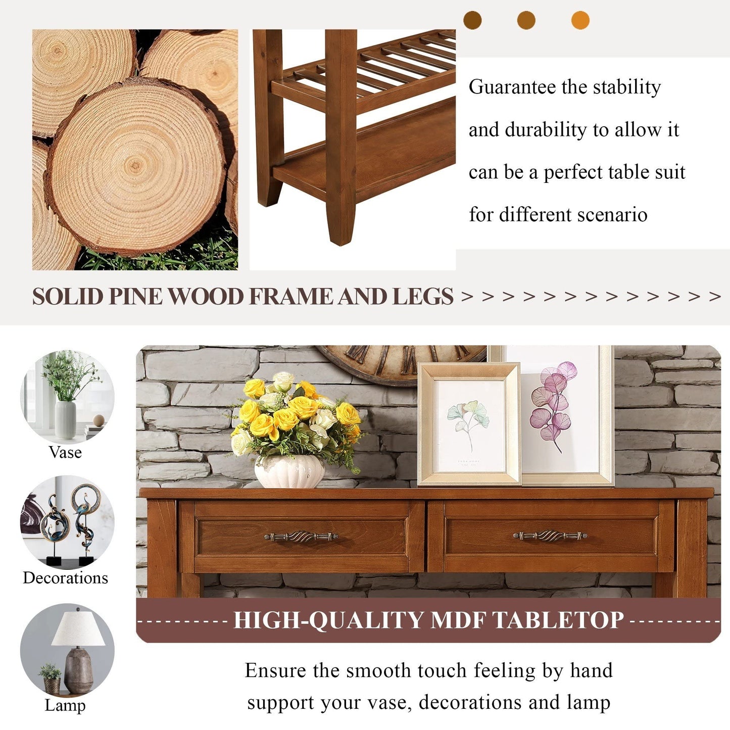 LKTART Solid Wood Console Table Sofa Tables with Drawers and Shelves Small Entryway Table for Living Room,Behind the Couch Table,Foyer(42" Espresso)