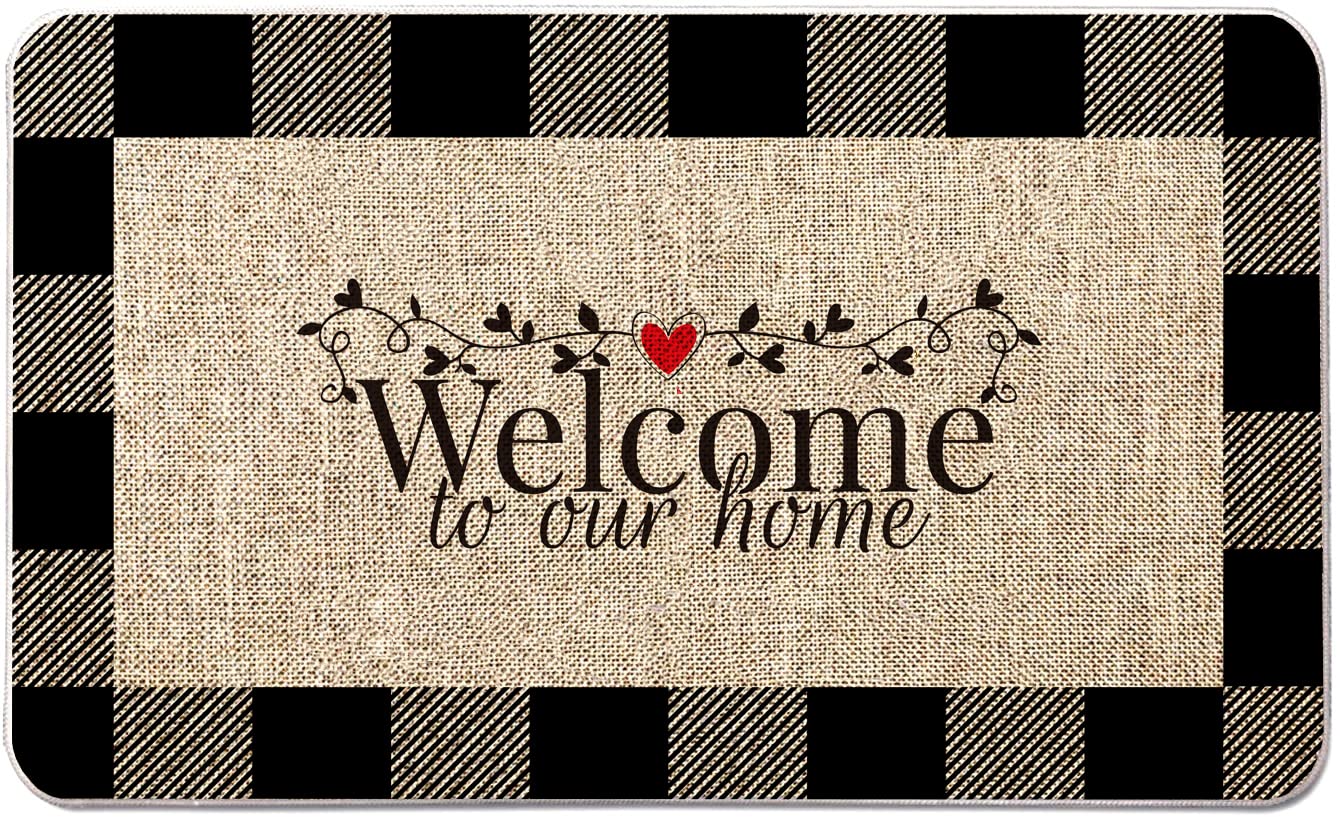 VAKADO Fall Outdoor Welcome Door Mat for Front Door Entrance Classroom Farmhouse Doormat Non-Slip Rubber Backing Autumn Entrance Rug Easy to Clean 17x29 Inch,Black White Buffalo Check Plaid