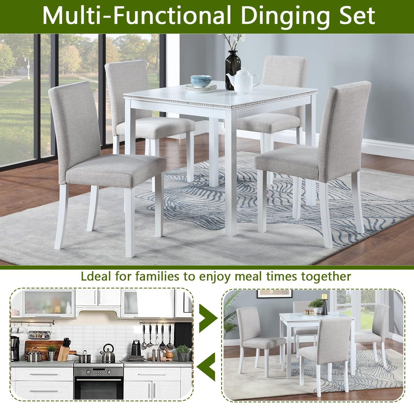 LKTART 5-Piece Kitchen & Dining Room Table and Chairs Sets,Small Square Kitchen Table with 4 Upholstered XX-Shaped Backrest Chairs,Walnut