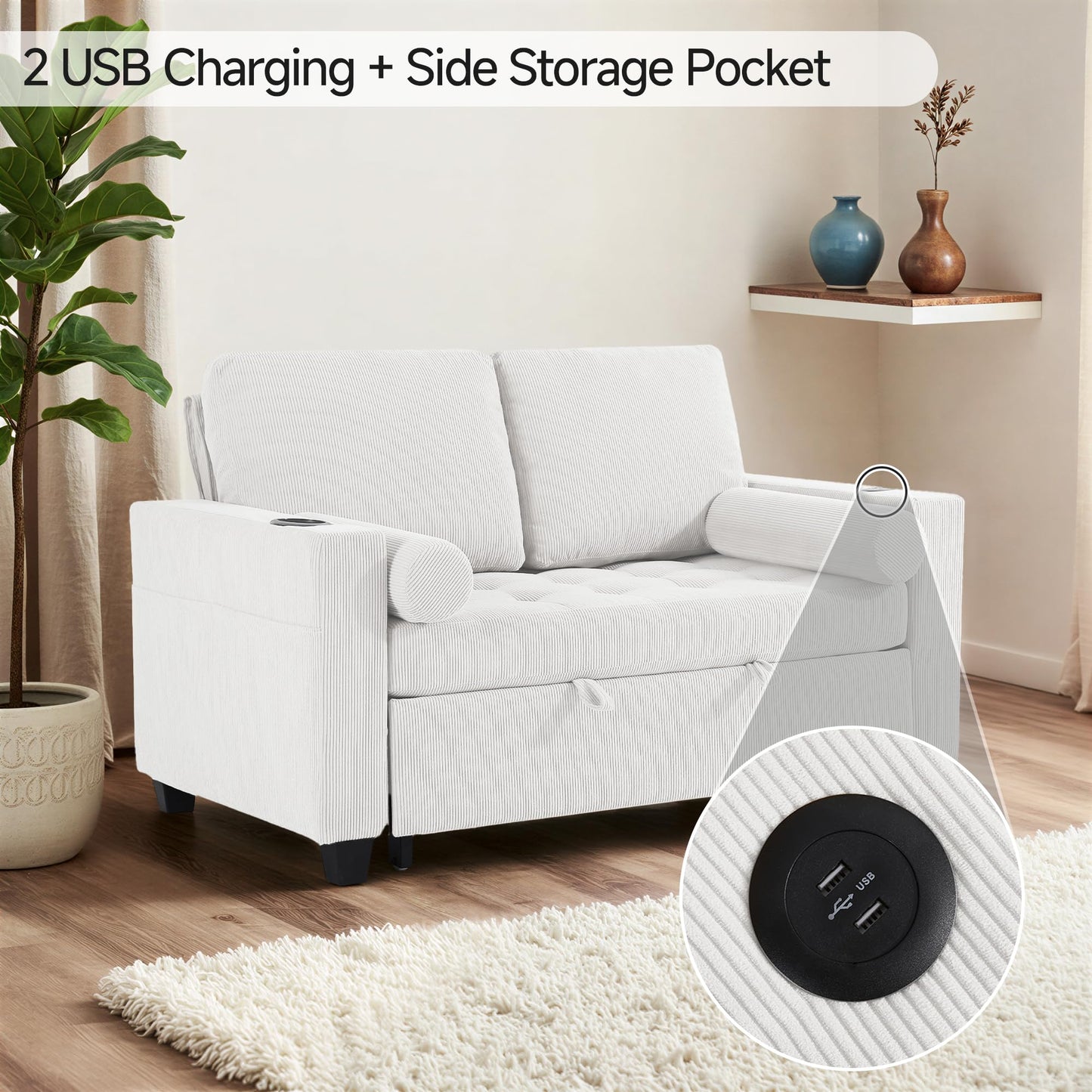 Sleeper Sofa Chair Bed, 3-in-1 Convertible Sleeper Chair with Pull Out Bed, Comfy Corduroy Sofa Bed Couch with Reclining Adjustable Backrest, USB Ports, Cup Holder, Side Pocket (Gray, 38.8")