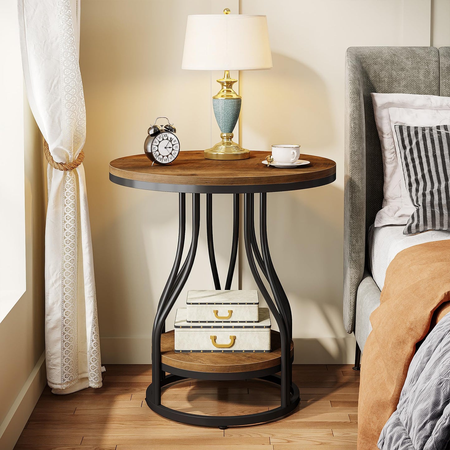 Tribesigns Round Side End Table 2-Tier End Tables Modern Bedside Table Small Chairside Tables with Storage for Couch Side, Nightstand with Metal Frame for Living Room (1, White+Gold)