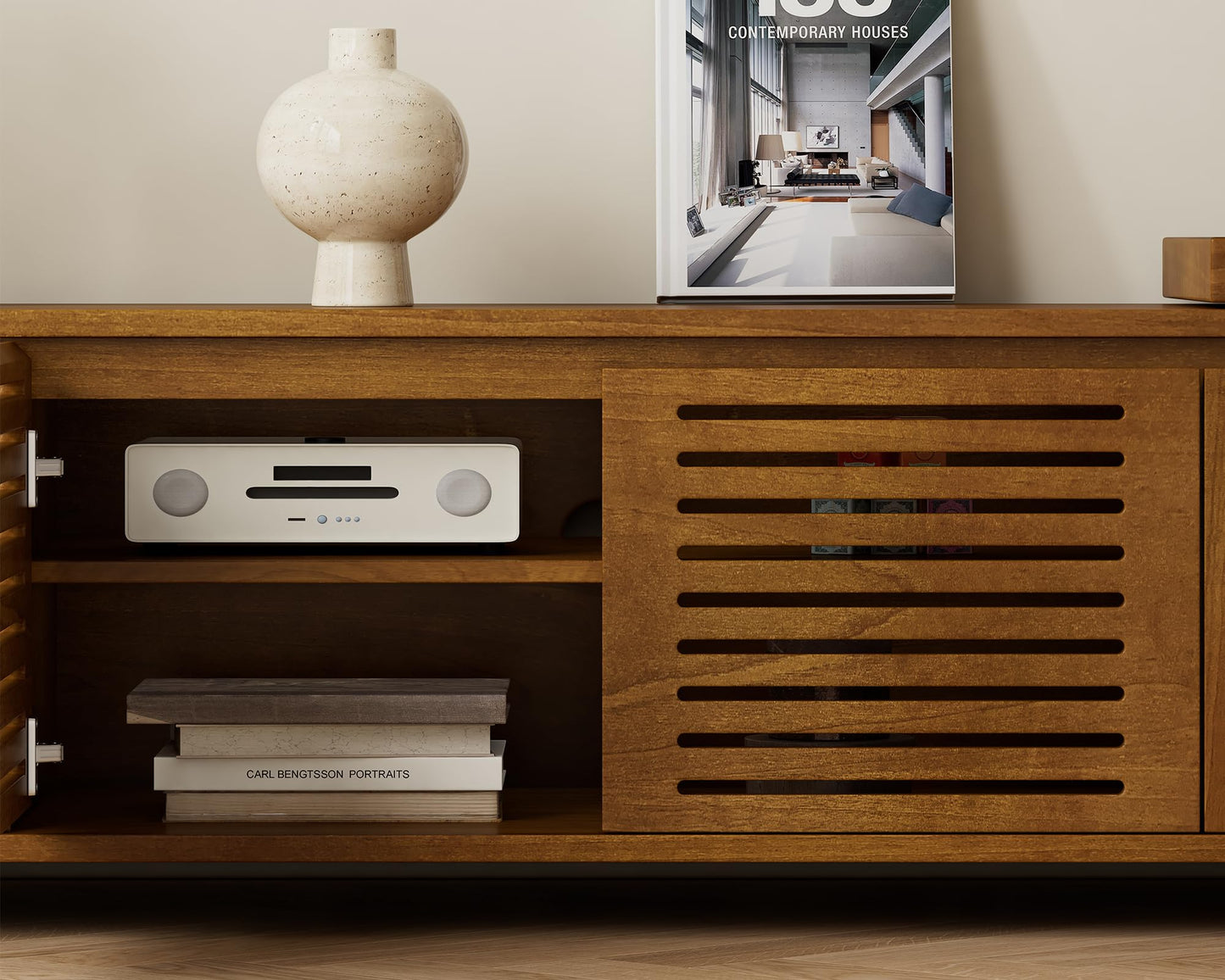 LKTART Mid Century Modern Rattan TV Stand for 65 Inch TV,59" Boho Media Console with Sliding Doors & Open Shelves,Solid Wood Legs for Living Room,Light Walnut