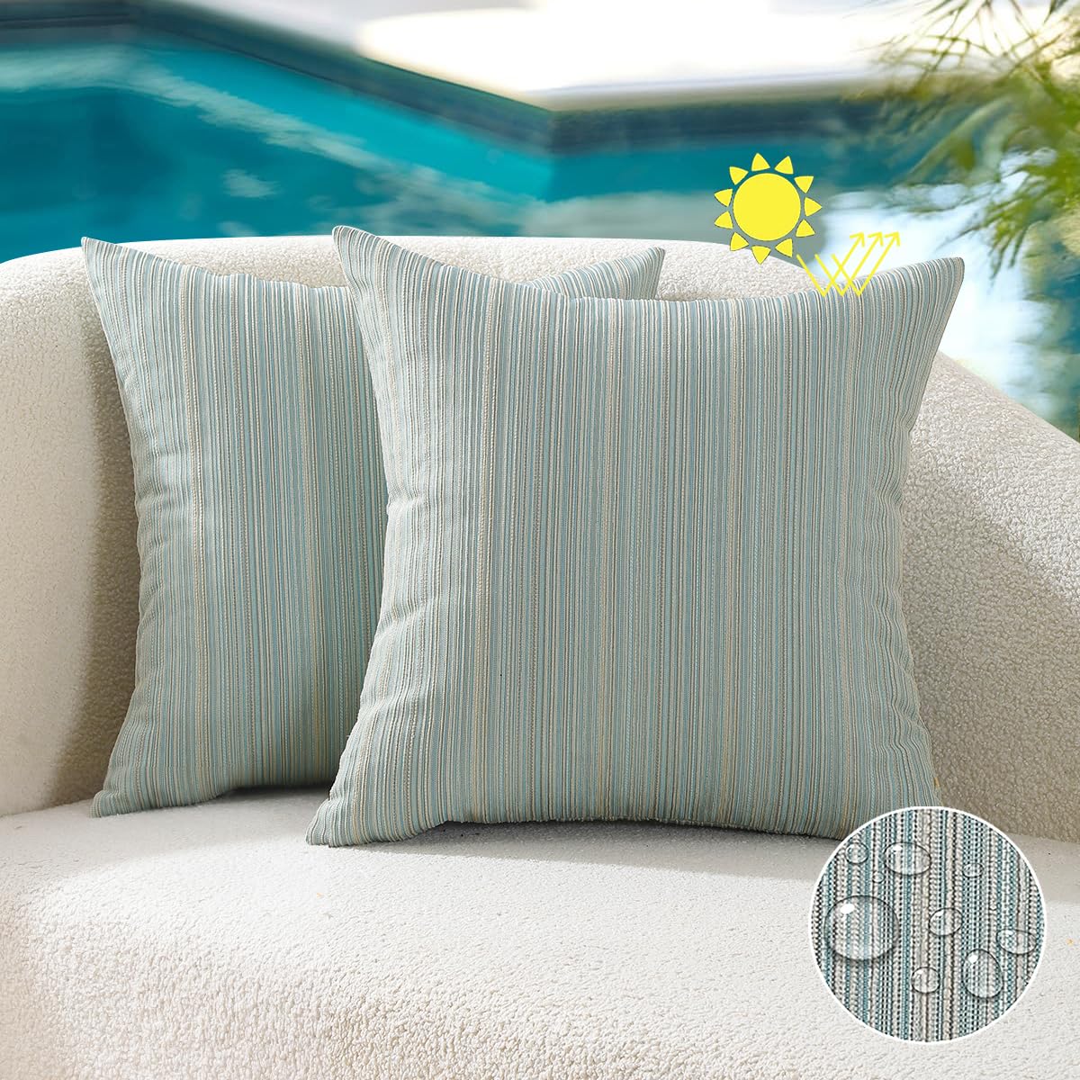 VAKADO Outdoor Waterproof Throw Pillow Covers 18x18 Set of 2 Decorative Outside Patio Furniture Cushion Cases Decor for Garden Bench Porch Couch Tent Chair Stripe Blue