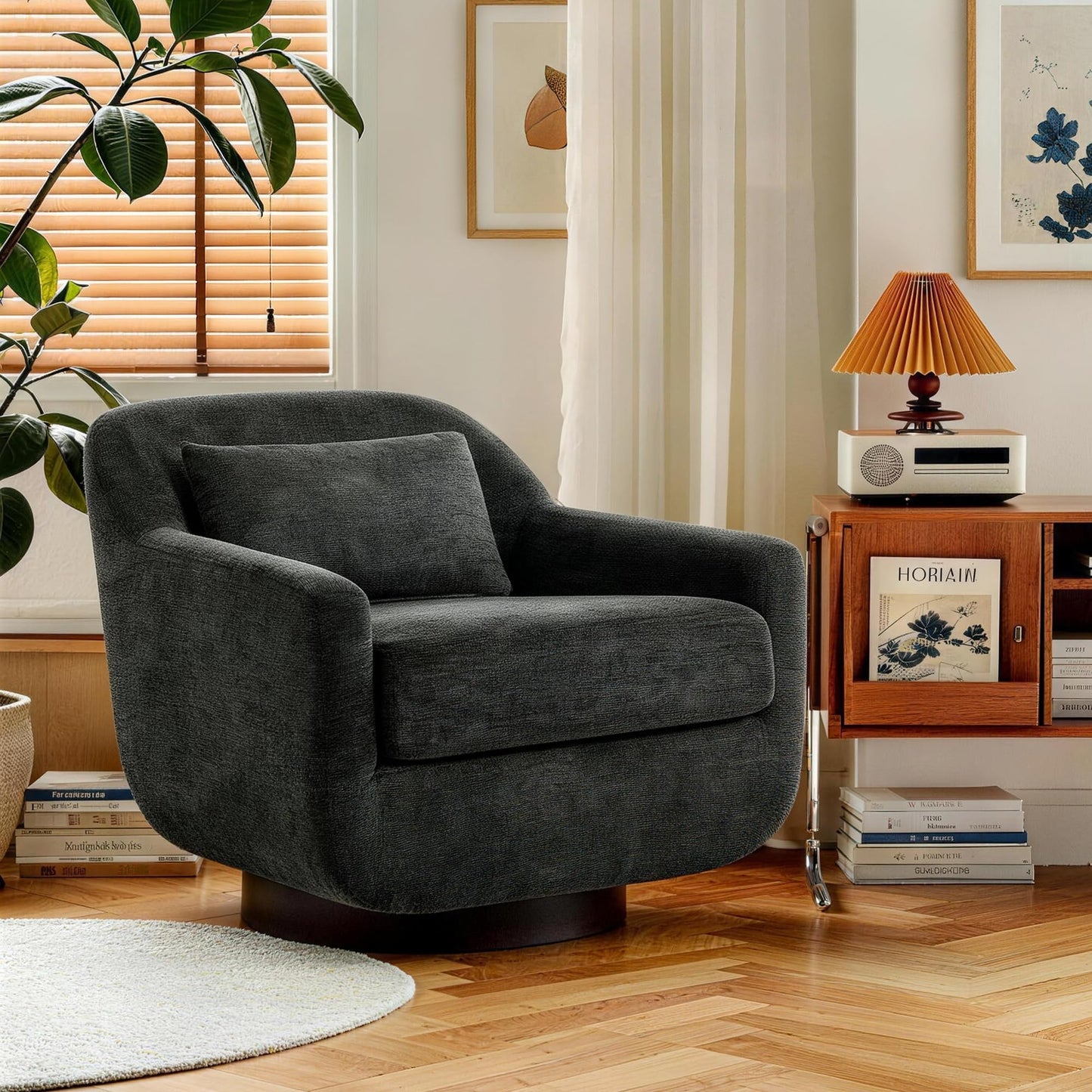 Swivel Accent Chair, 360° Swivel Upholstered Barrel Chair for Living Room, Comfy Club Armchairs Reading Chair with Curves Back Design, Metal Swivel Base, Chenille Fabric, Dark Gray