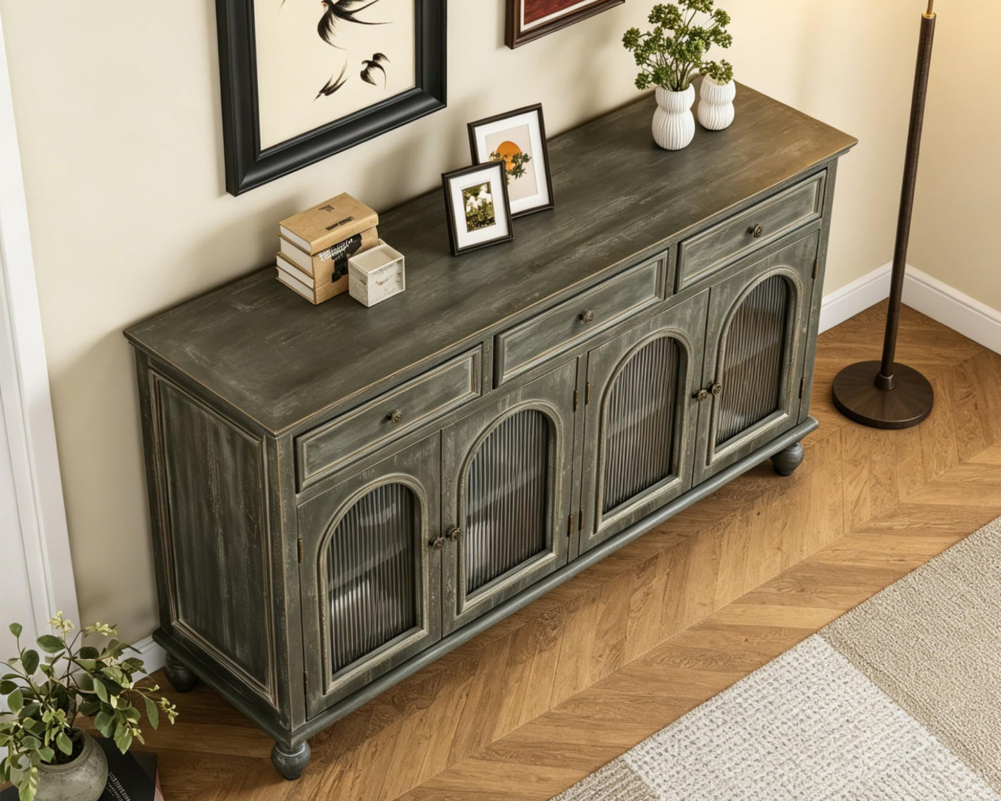 LKTART 60" Farmhouse Sideboard Buffet,Solid Fir Wood Frame with Hollowed-Out Carved Doors,Hand-Distressed Design,Versatile Storage Cabinet for Kitchen, Living Room,Natural Wood